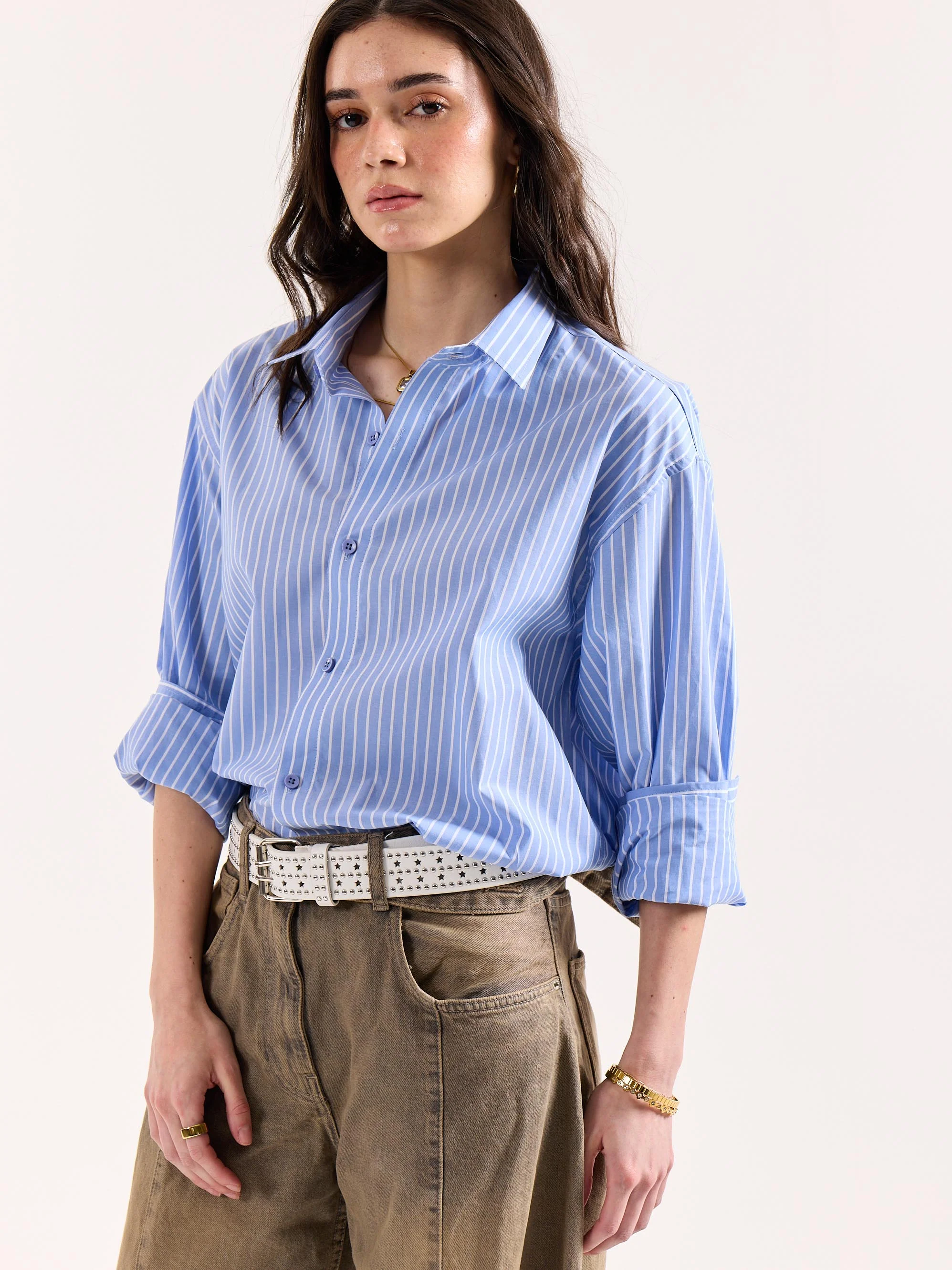 Light Blue Striped Poplin Oversized Shirt - Image 7