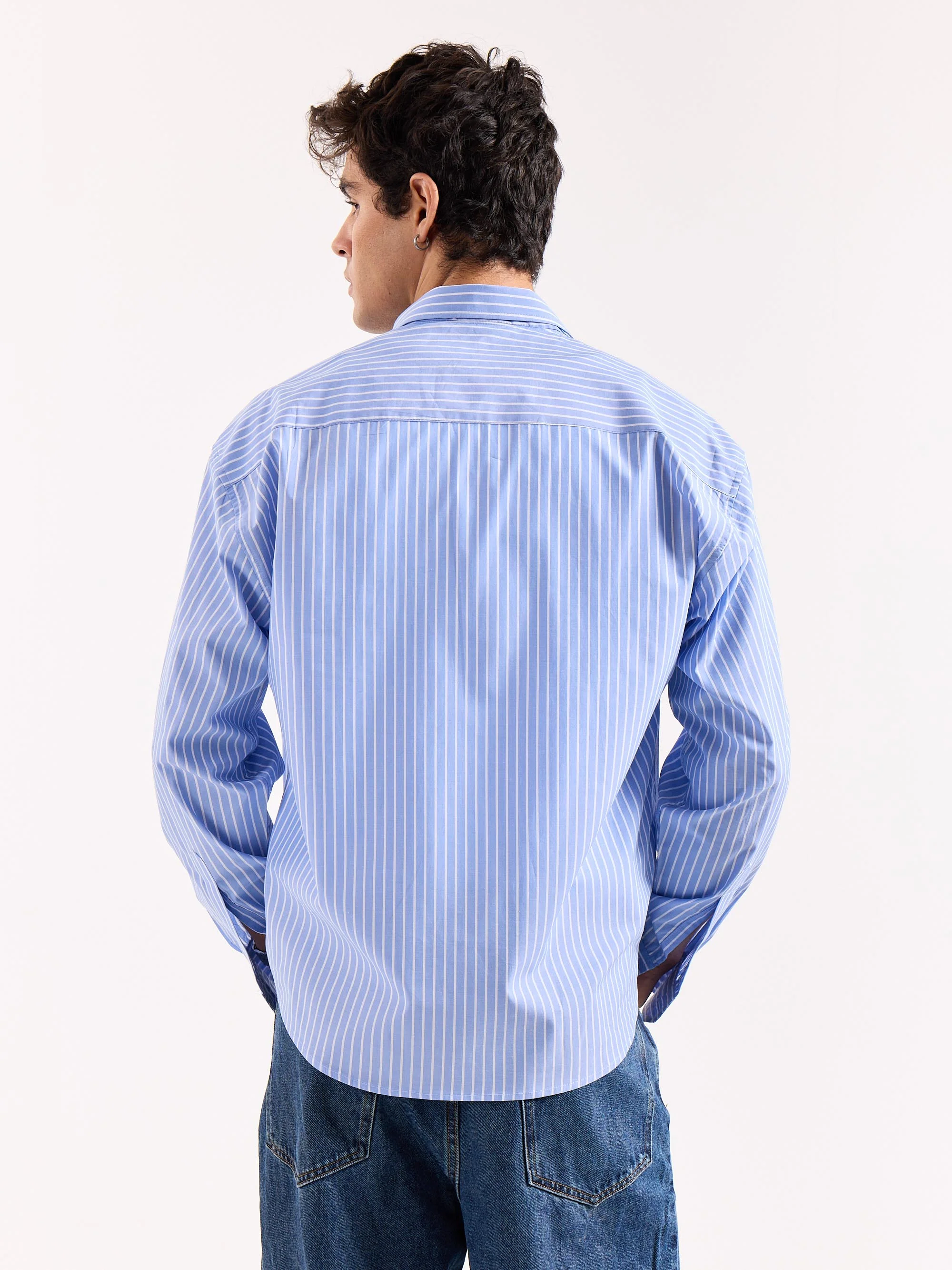 Light Blue Striped Poplin Oversized Shirt - Image 8