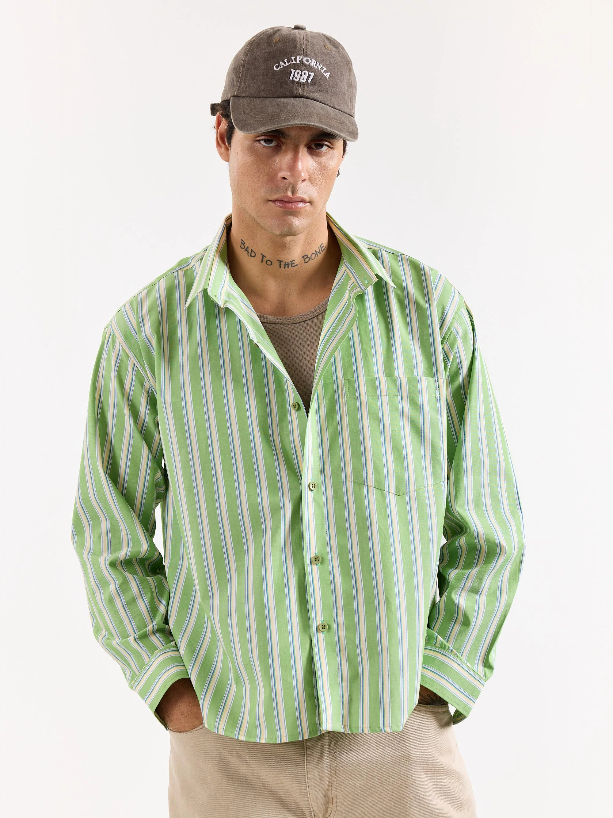 Light Green Striped Poplin Oversized Shirt - Image 3
