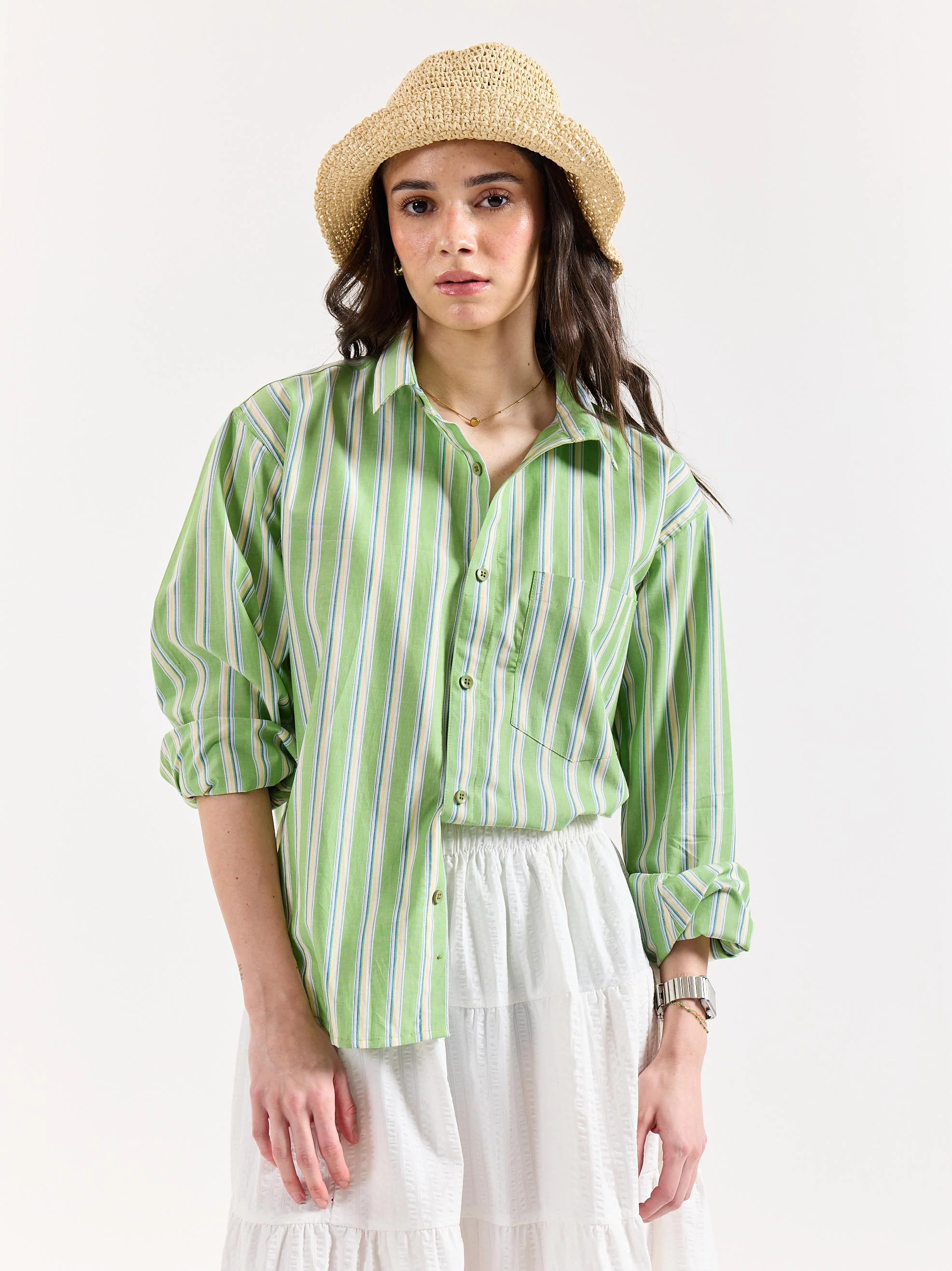 Light Green Striped Poplin Oversized Shirt - Image 4