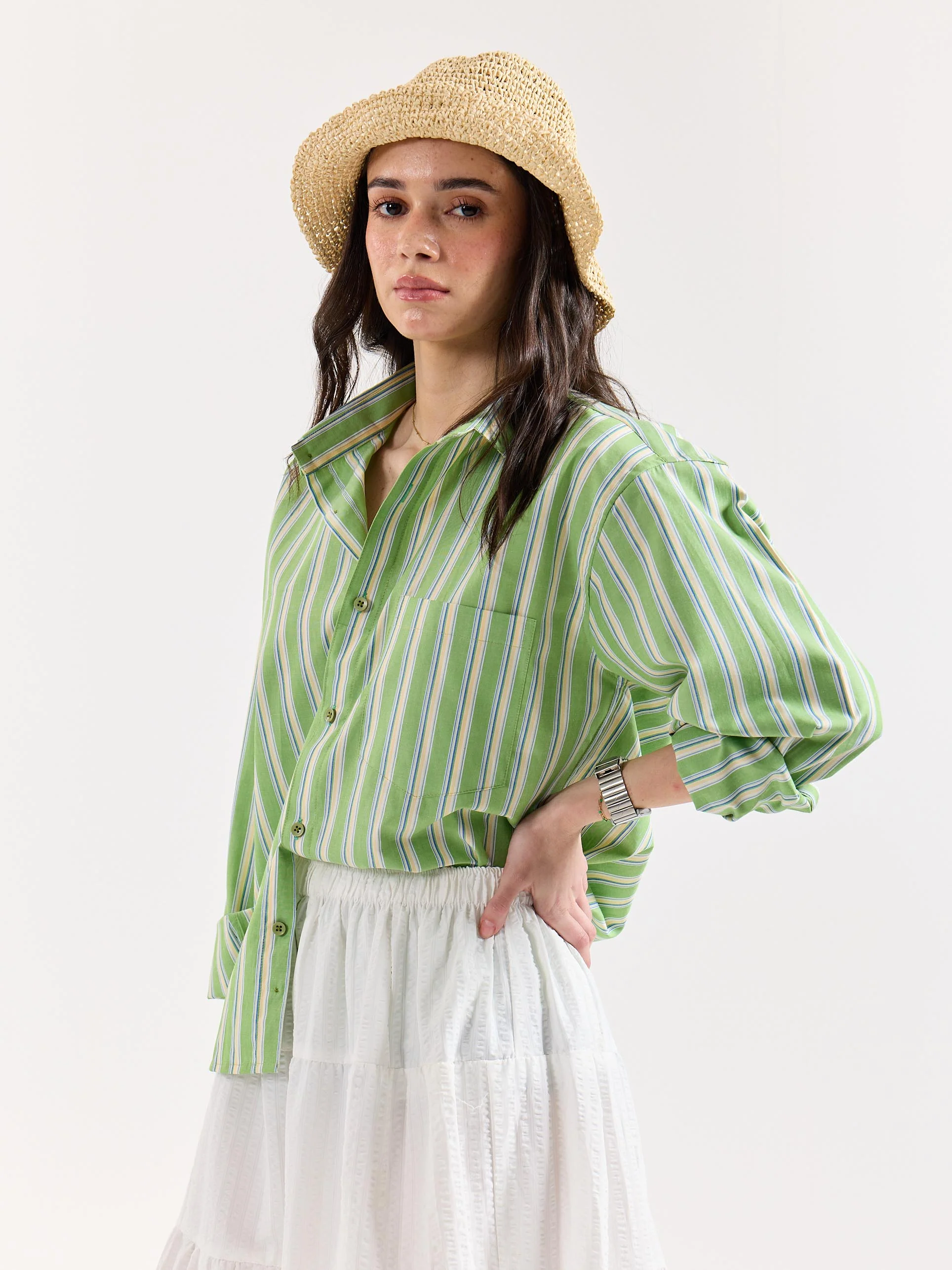 Light Green Striped Poplin Oversized Shirt - Image 7