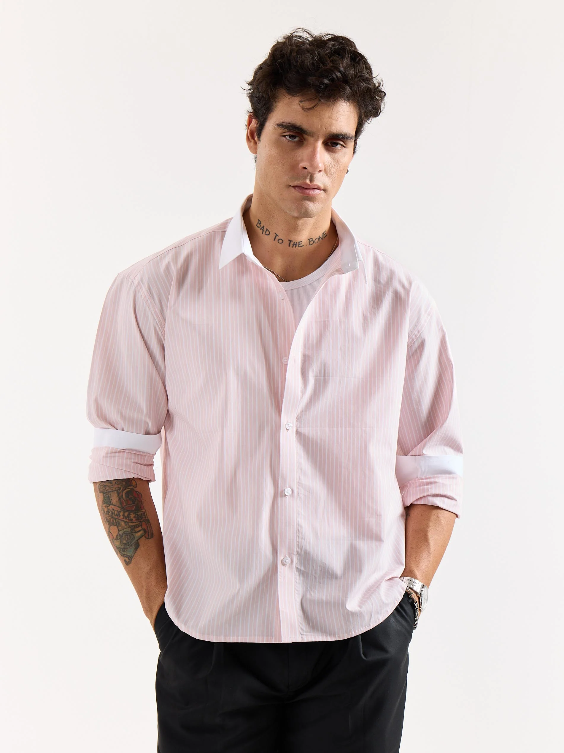 Light Pink Striped Contrast Collar Oversized Shirt - Image 3