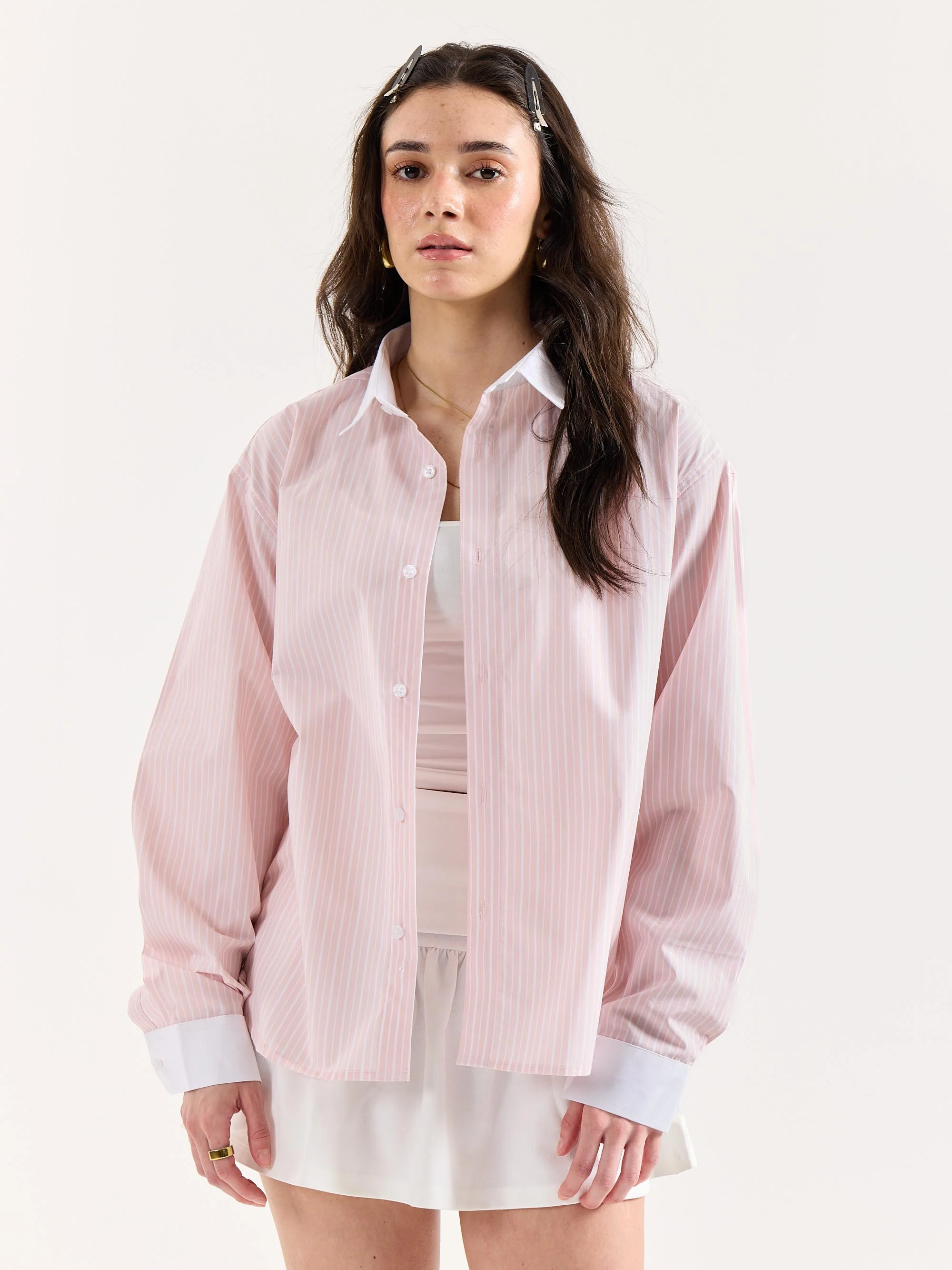 Light Pink Striped Contrast Collar Oversized Shirt - Image 4