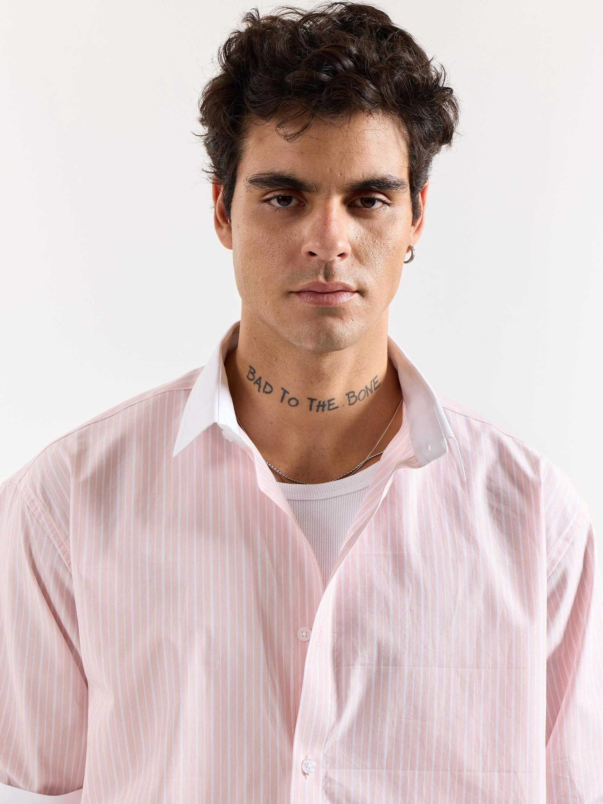 Light Pink Striped Contrast Collar Oversized Shirt - Image 5