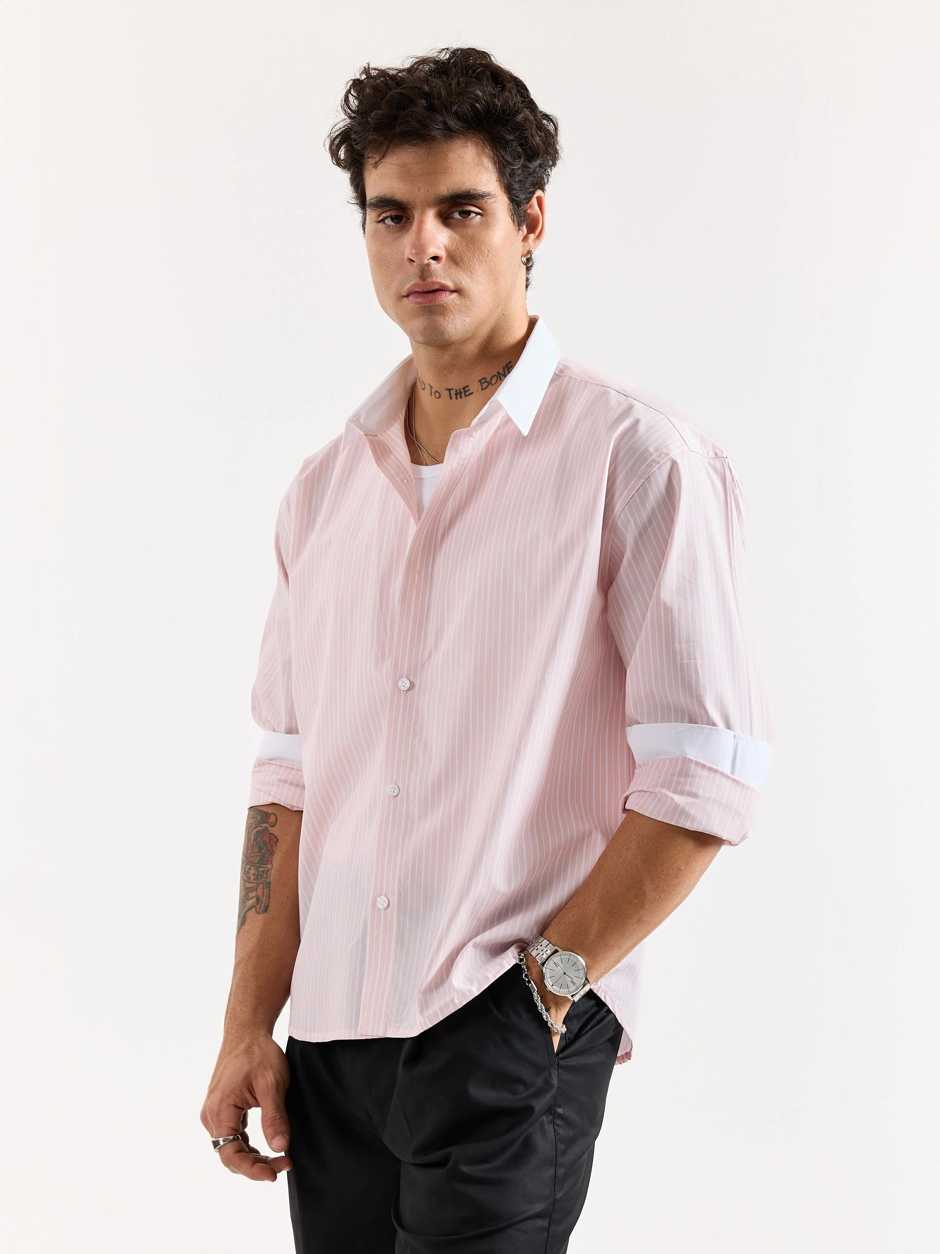Light Pink Striped Contrast Collar Oversized Shirt - Image 6