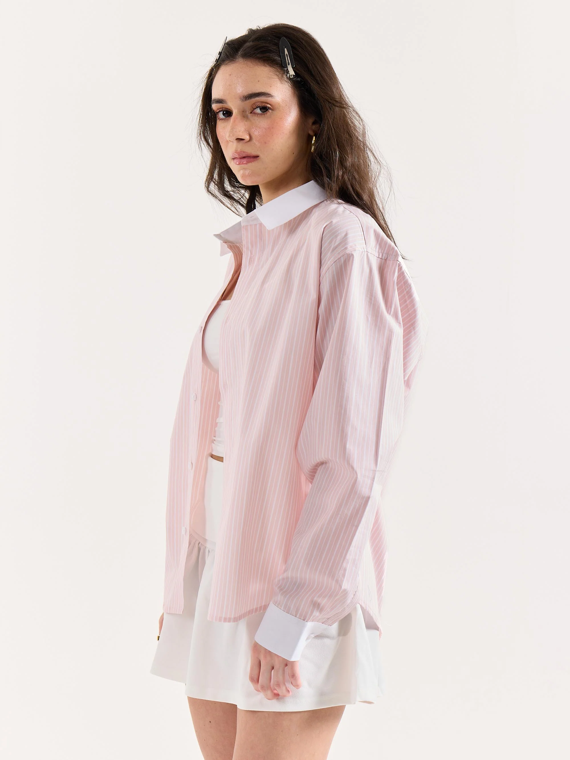 Light Pink Striped Contrast Collar Oversized Shirt - Image 7