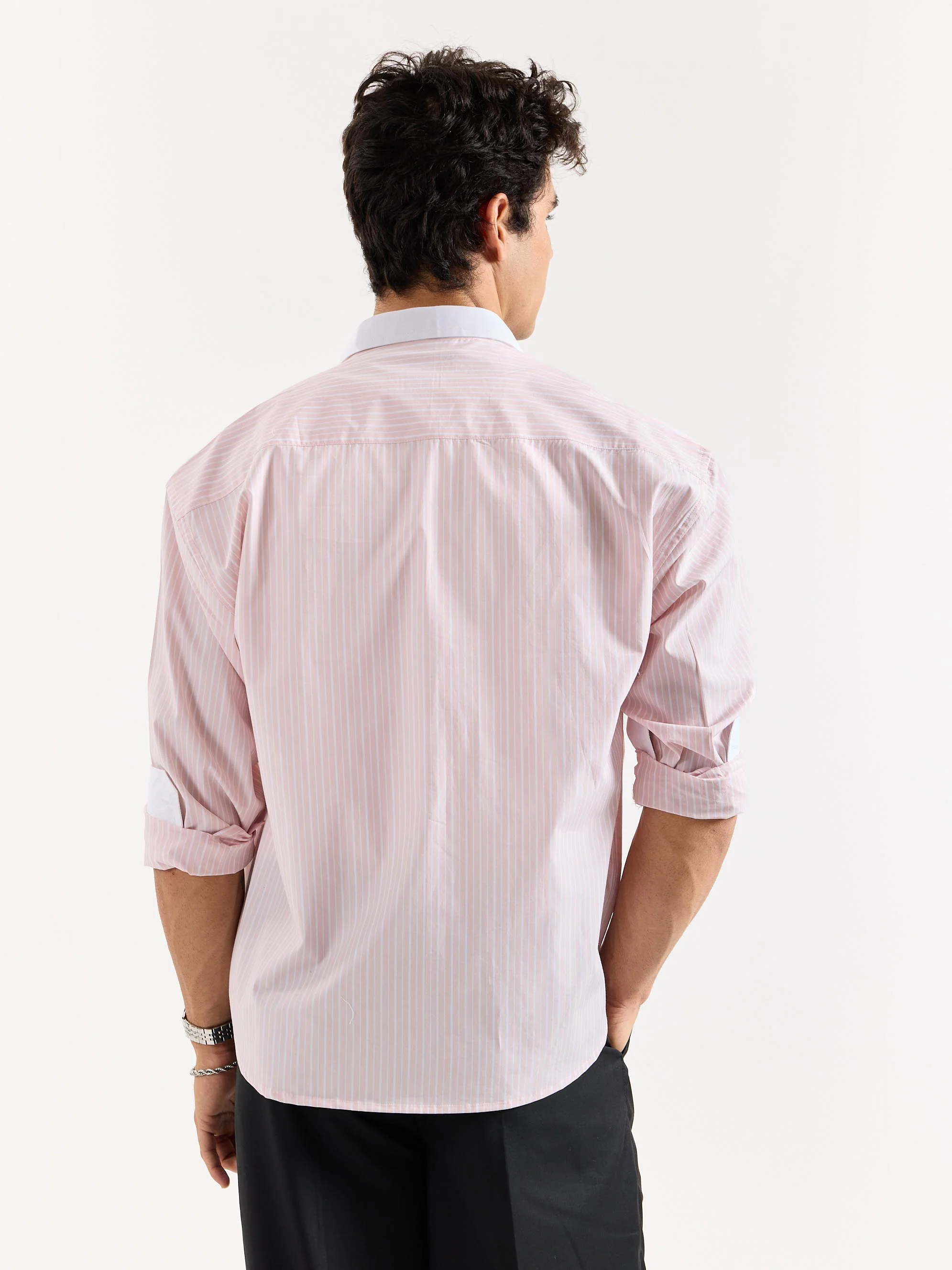 Light Pink Striped Contrast Collar Oversized Shirt - Image 8