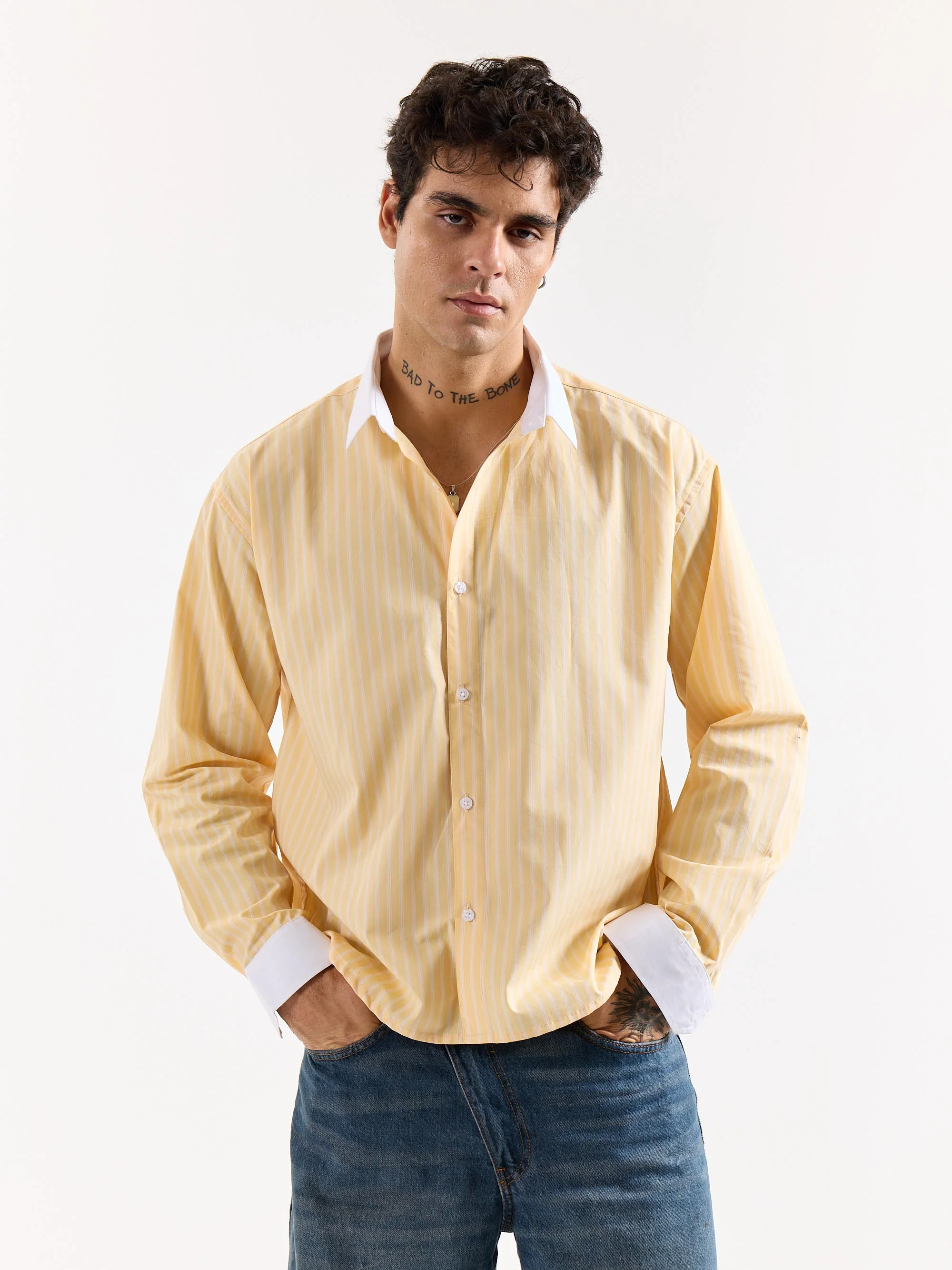 Light Yellow Striped Contrast Collar Oversized Shirt - Image 3
