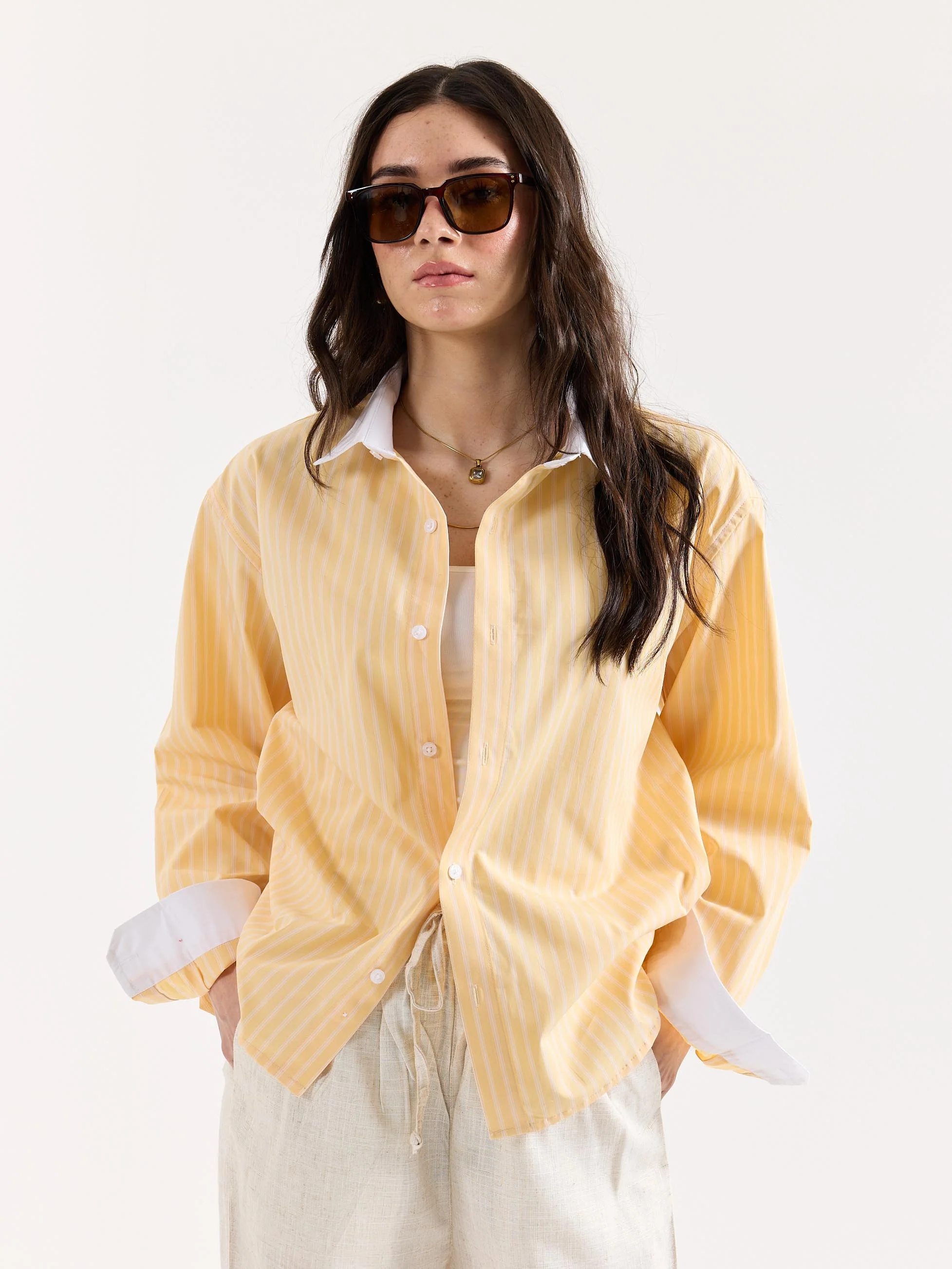 Light Yellow Striped Contrast Collar Oversized Shirt - Image 4