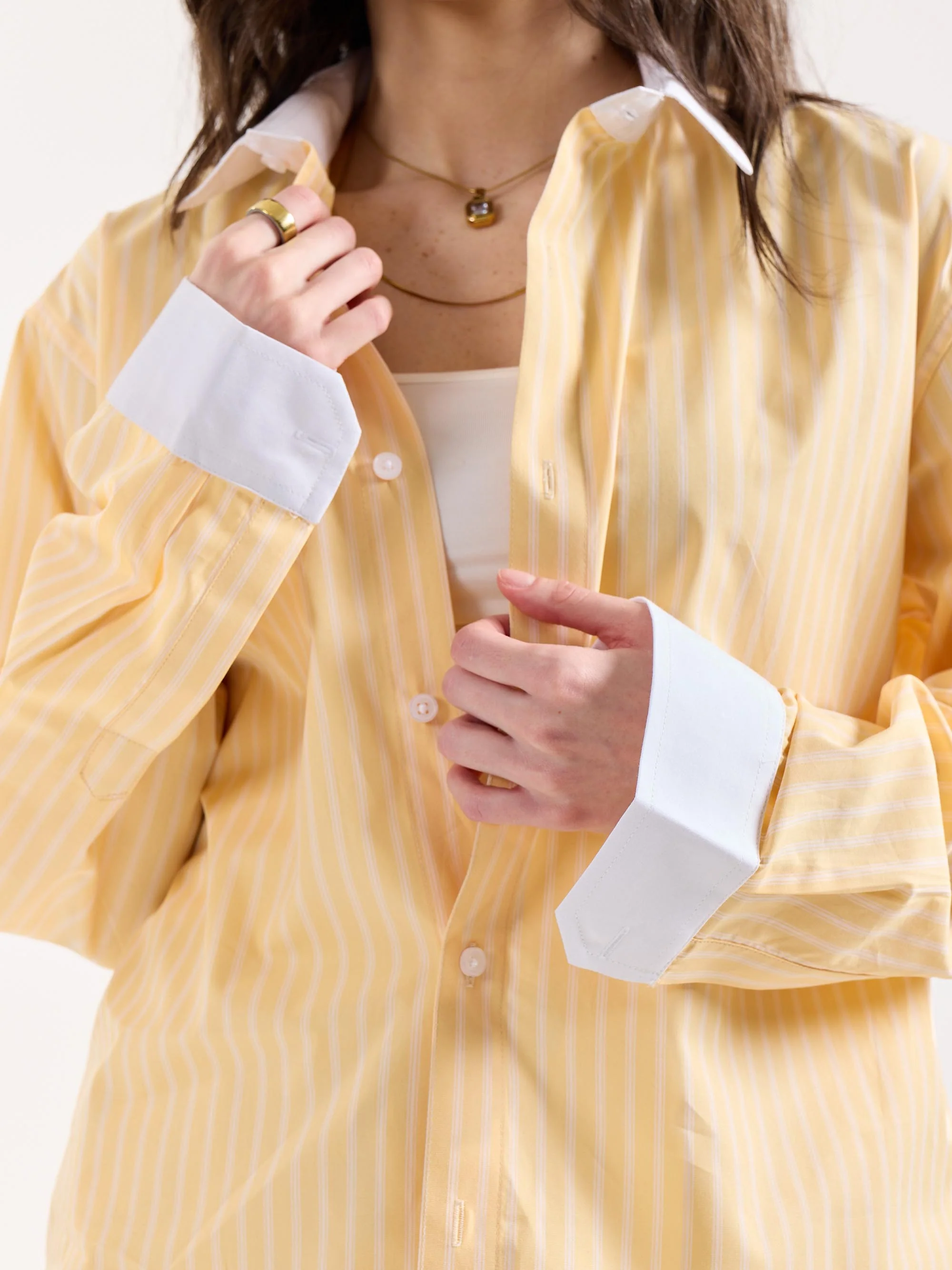 Light Yellow Striped Contrast Collar Oversized Shirt - Image 5