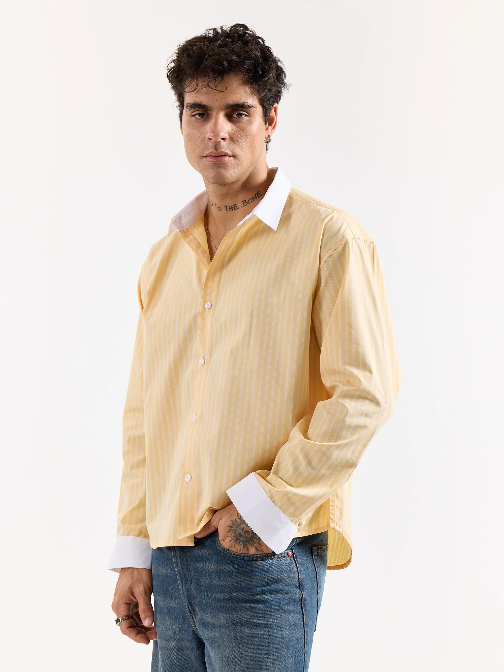 Light Yellow Striped Contrast Collar Oversized Shirt - Image 6