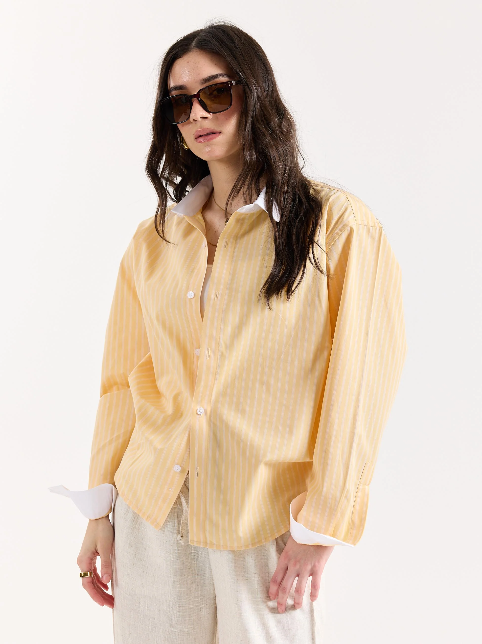 Light Yellow Striped Contrast Collar Oversized Shirt - Image 7