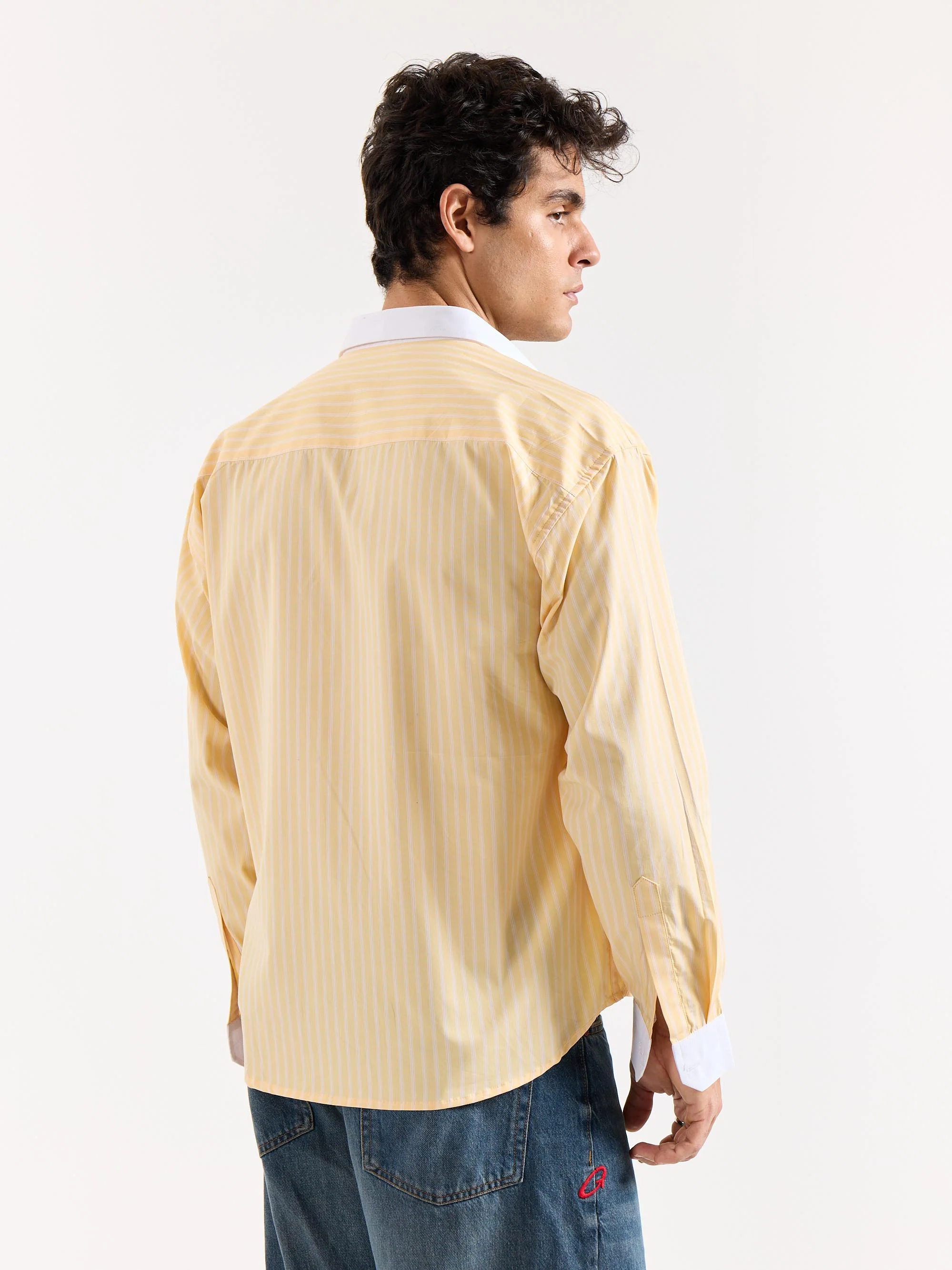 Light Yellow Striped Contrast Collar Oversized Shirt - Image 8