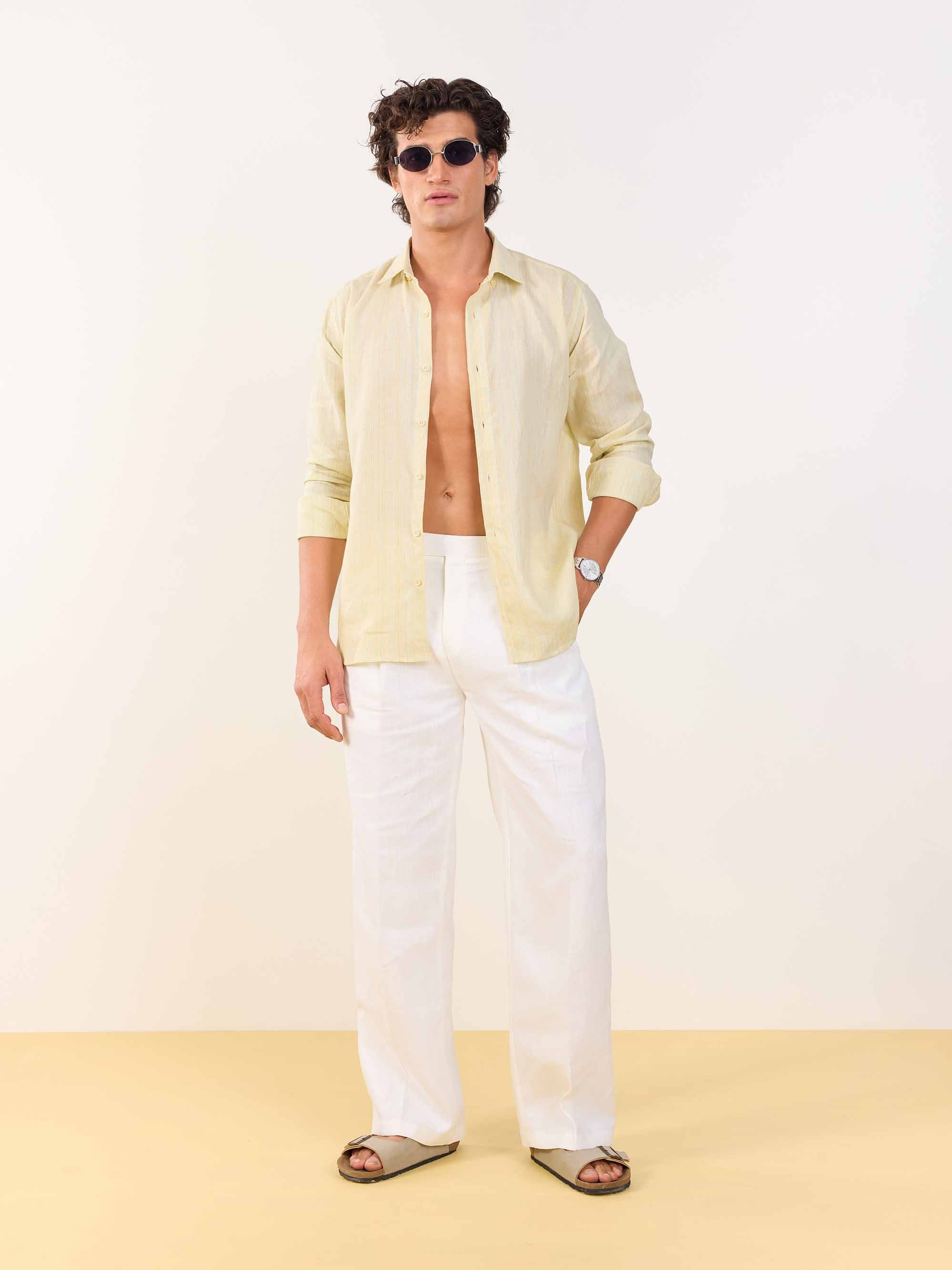 Light Yellow Textured Irish Linen Shirt - Image 2