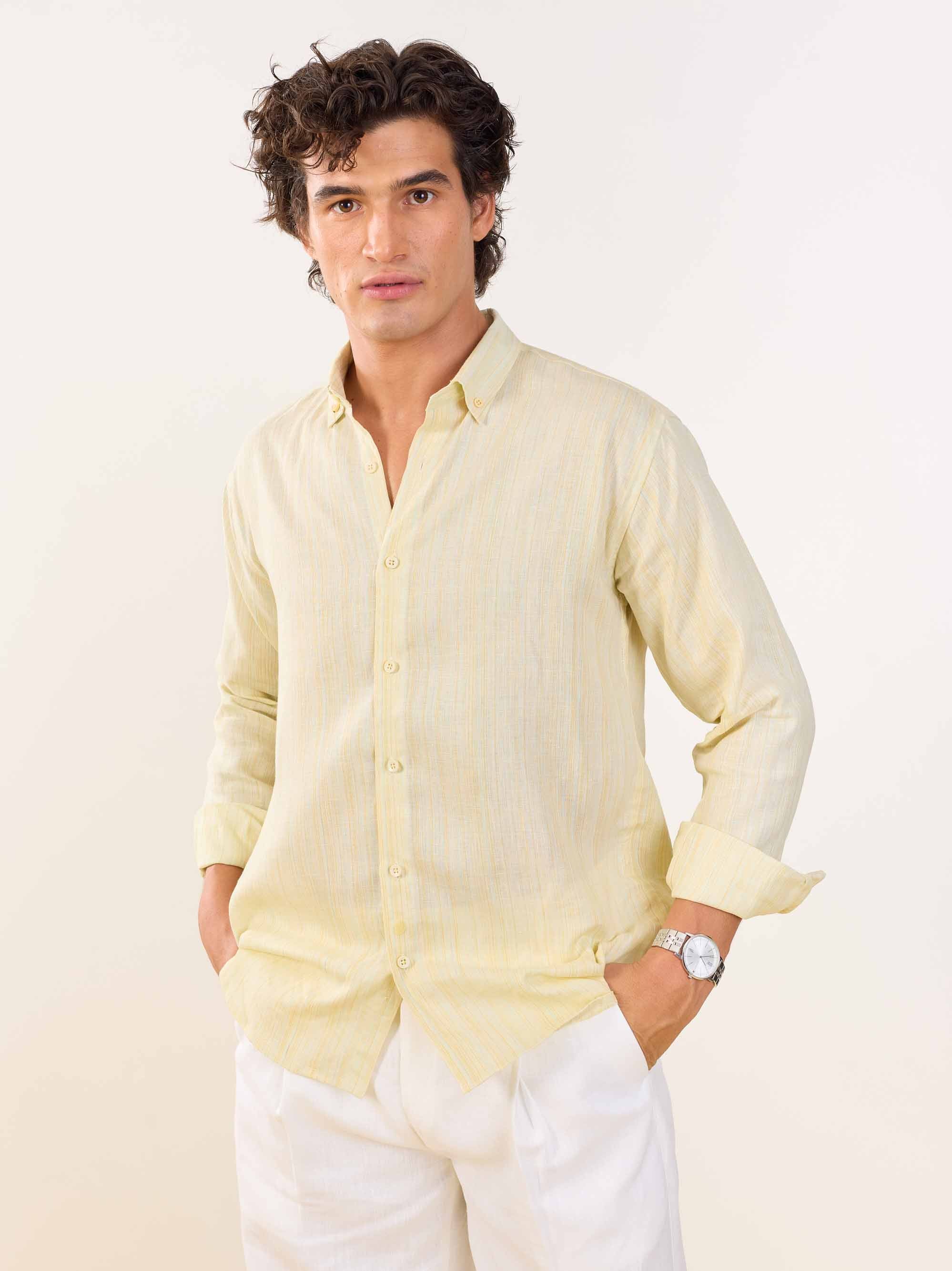 Light Yellow Textured Irish Linen Shirt - Image 3
