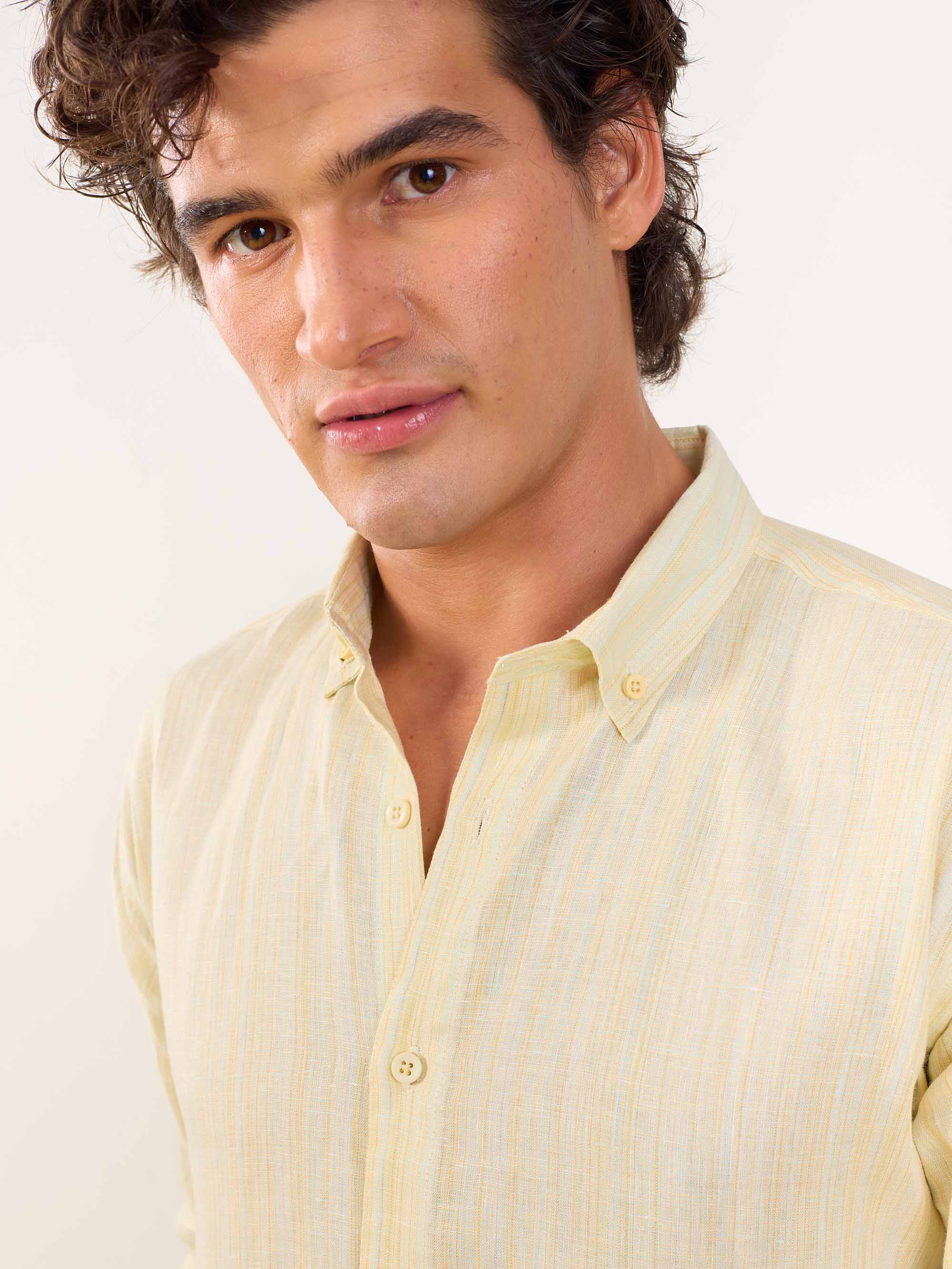 Light Yellow Textured Irish Linen Shirt - Image 4