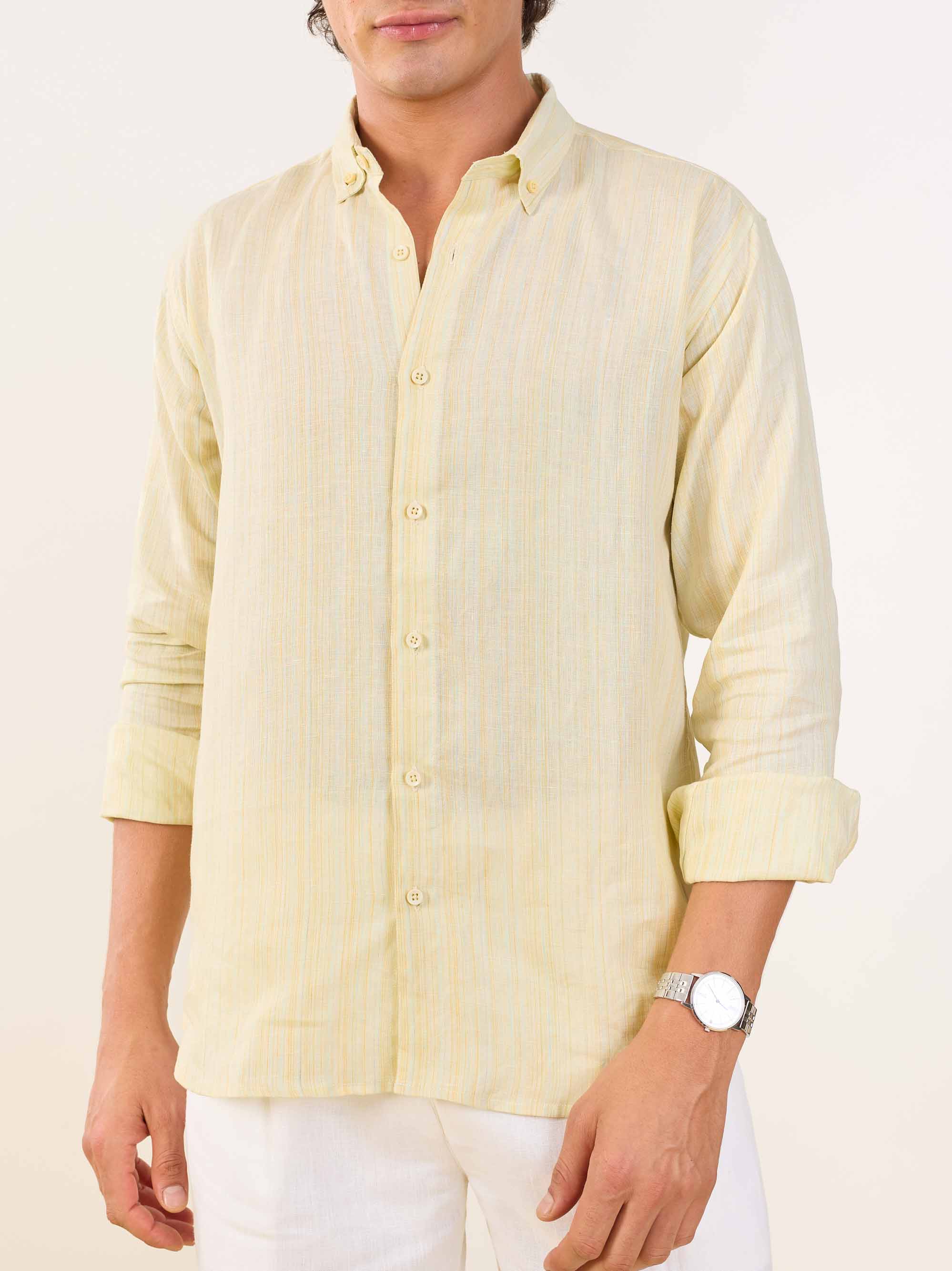 Light Yellow Textured Irish Linen Shirt - Image 5