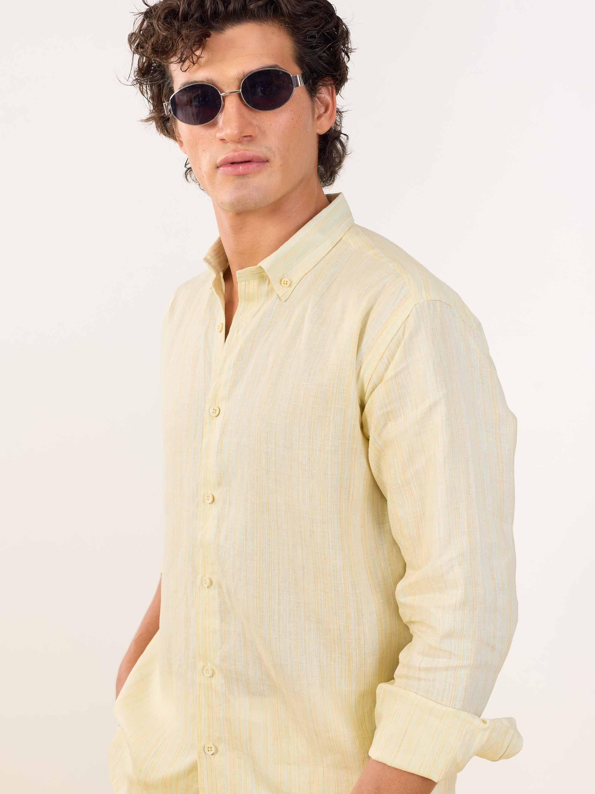 Light Yellow Textured Irish Linen Shirt - Image 6