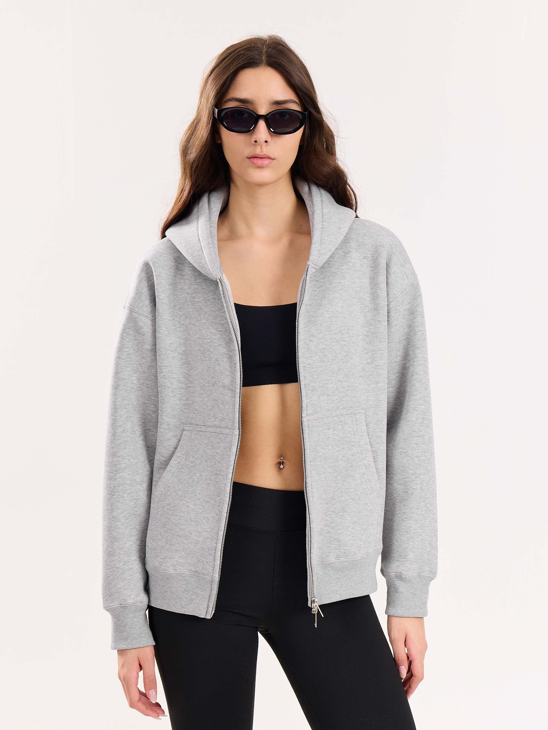Marl Grey Cropped Zip-Up Hoodie - Image 4