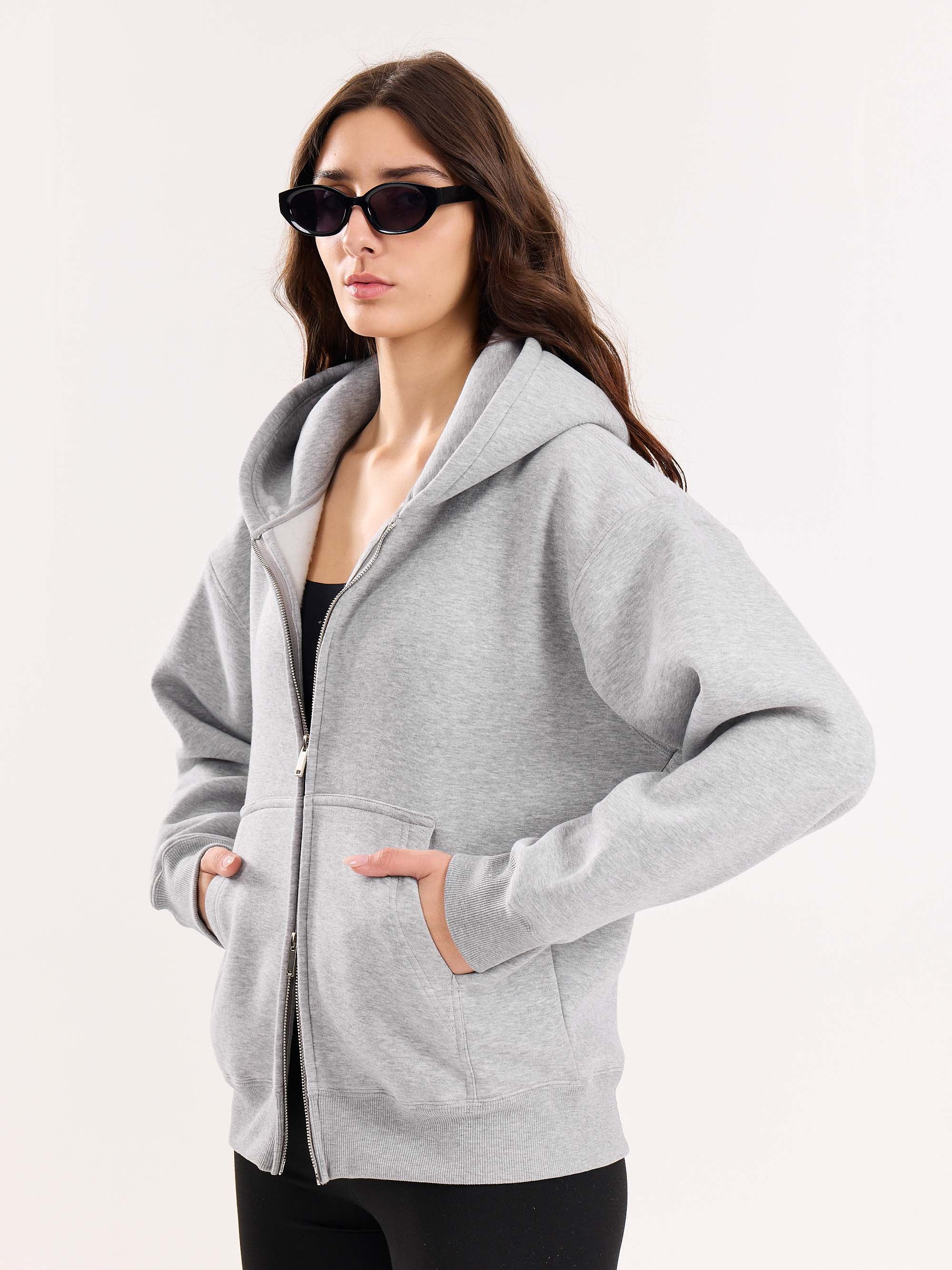 Marl Grey Cropped Zip-Up Hoodie - Image 6