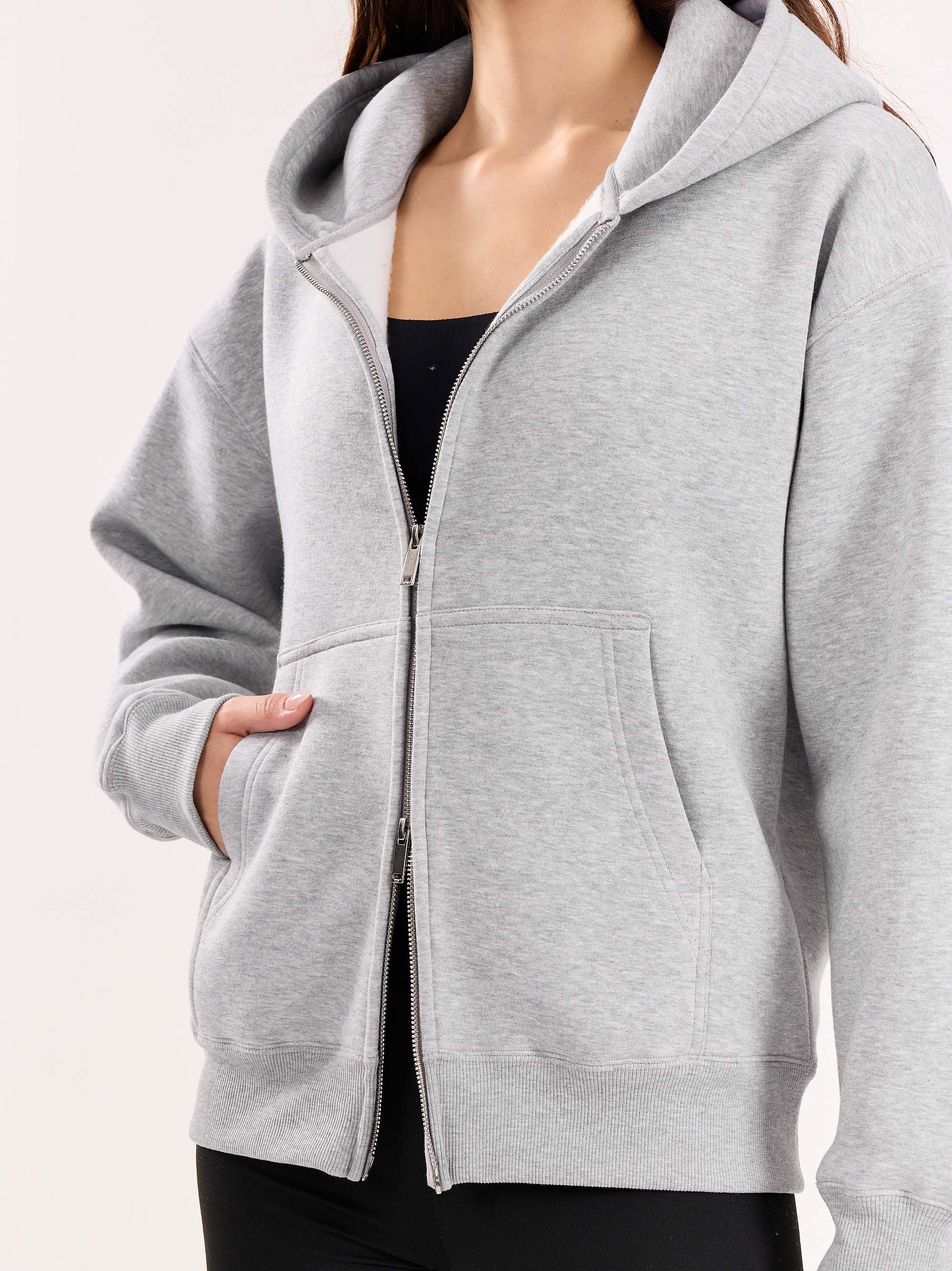Marl Grey Cropped Zip-Up Hoodie - Image 7