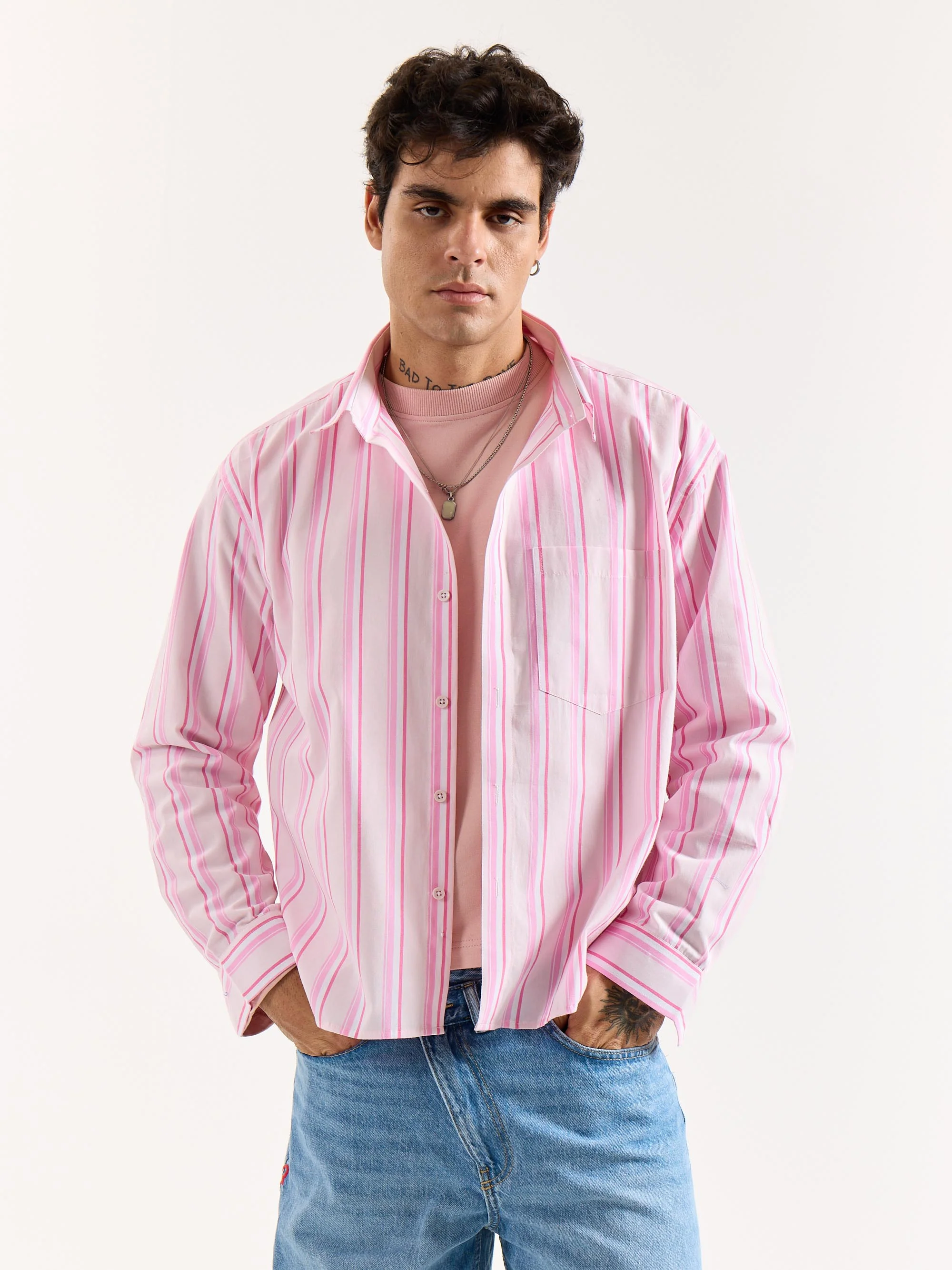 Multi Pink Striped Poplin Oversized Shirt - Image 3