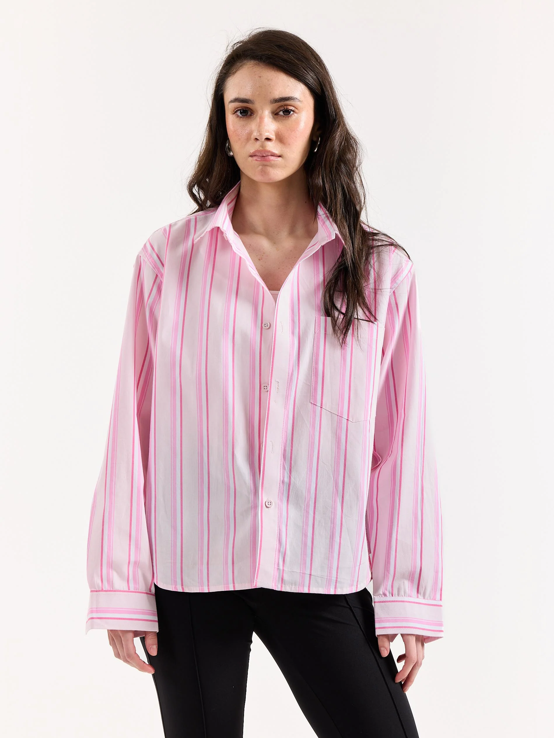 Multi Pink Striped Poplin Oversized Shirt - Image 4
