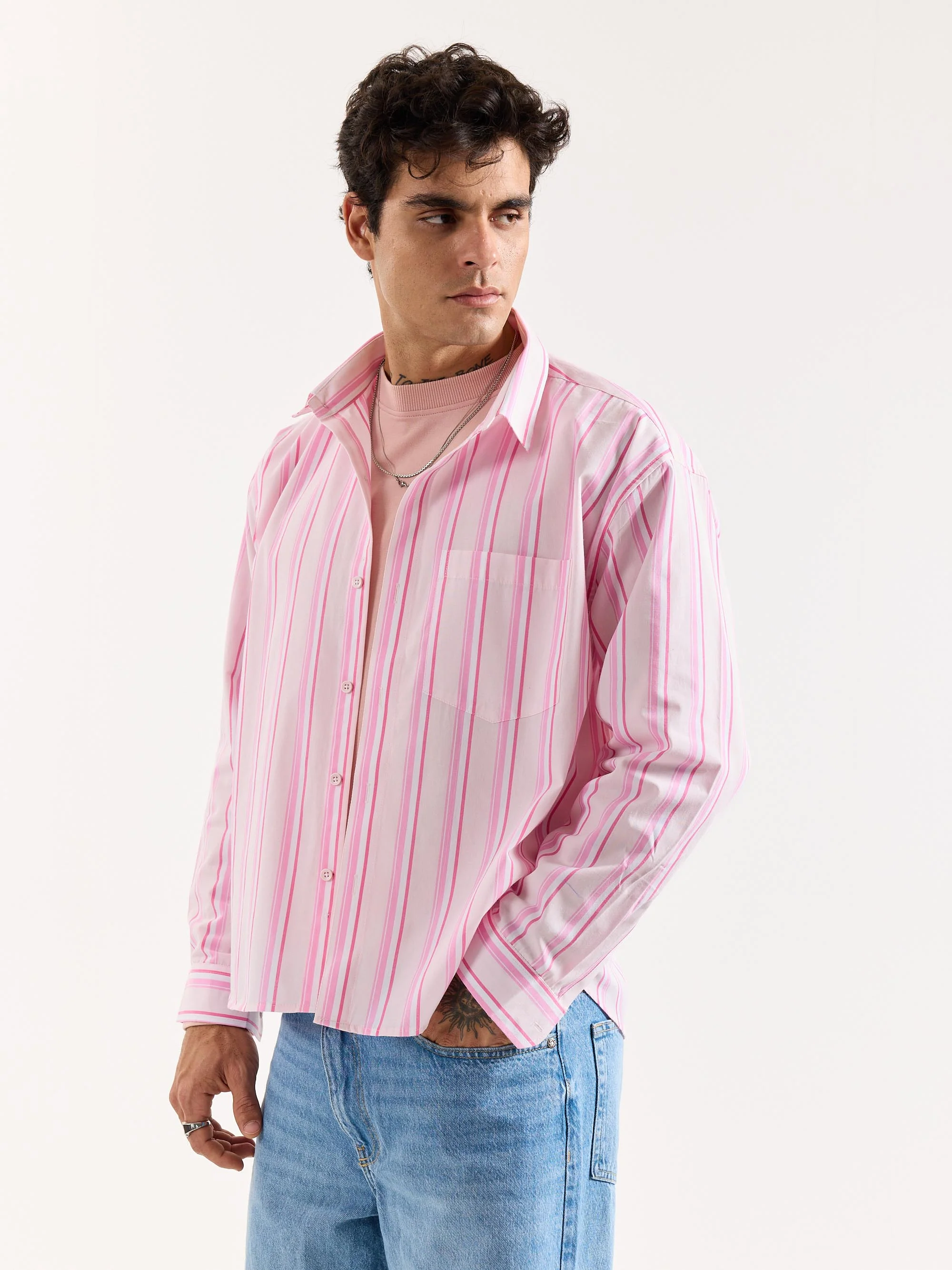 Multi Pink Striped Poplin Oversized Shirt - Image 6