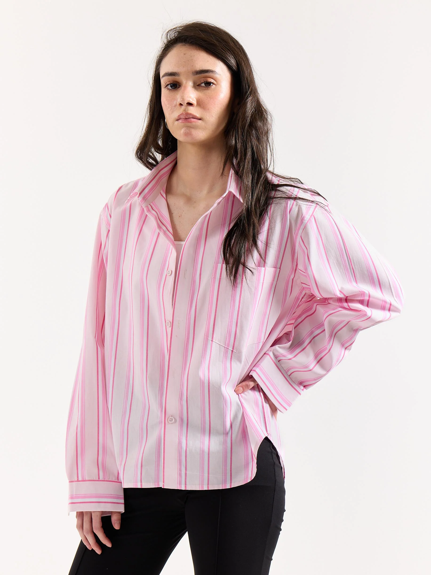 Multi Pink Striped Poplin Oversized Shirt - Image 7