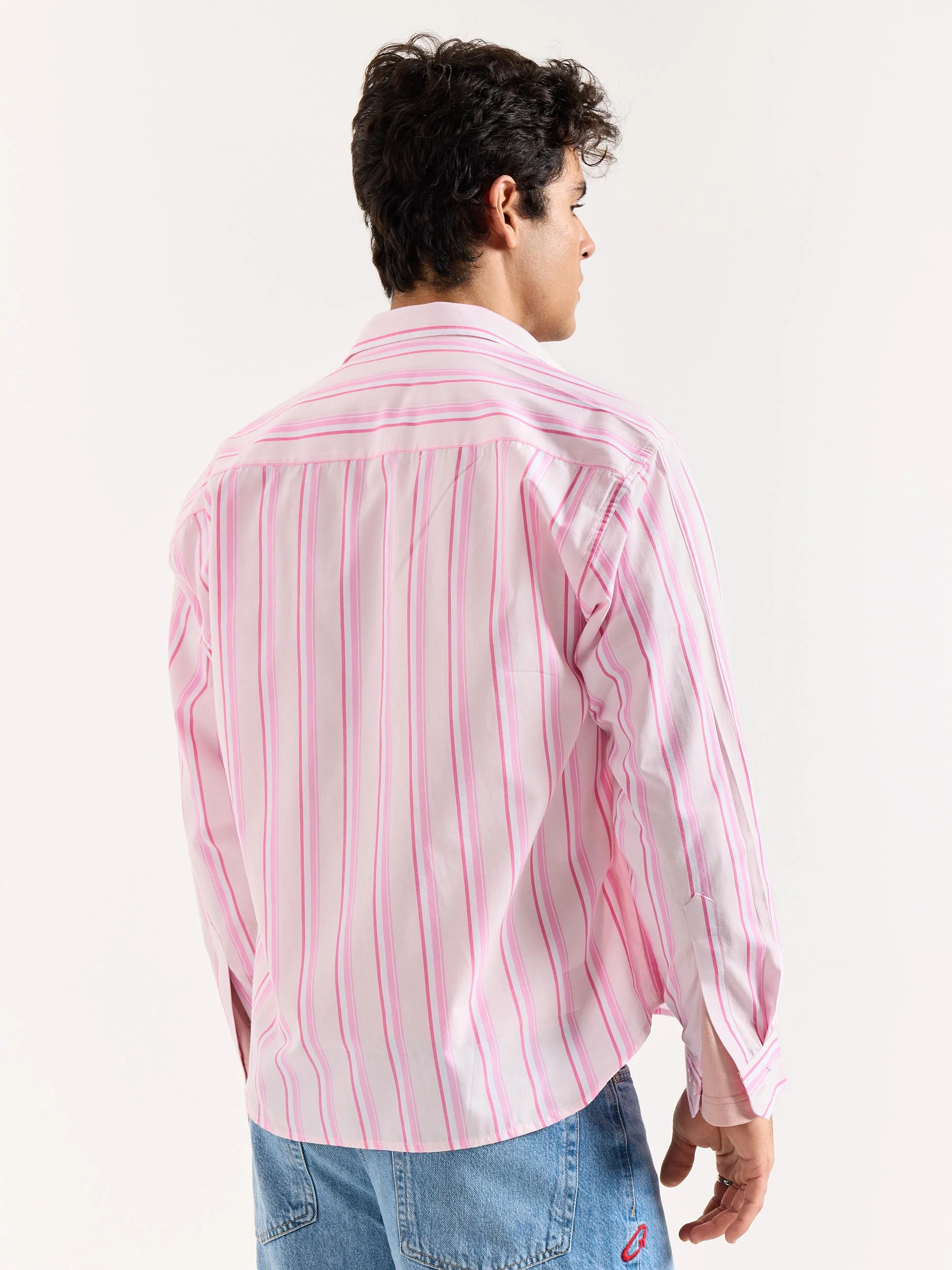 Multi Pink Striped Poplin Oversized Shirt - Image 8