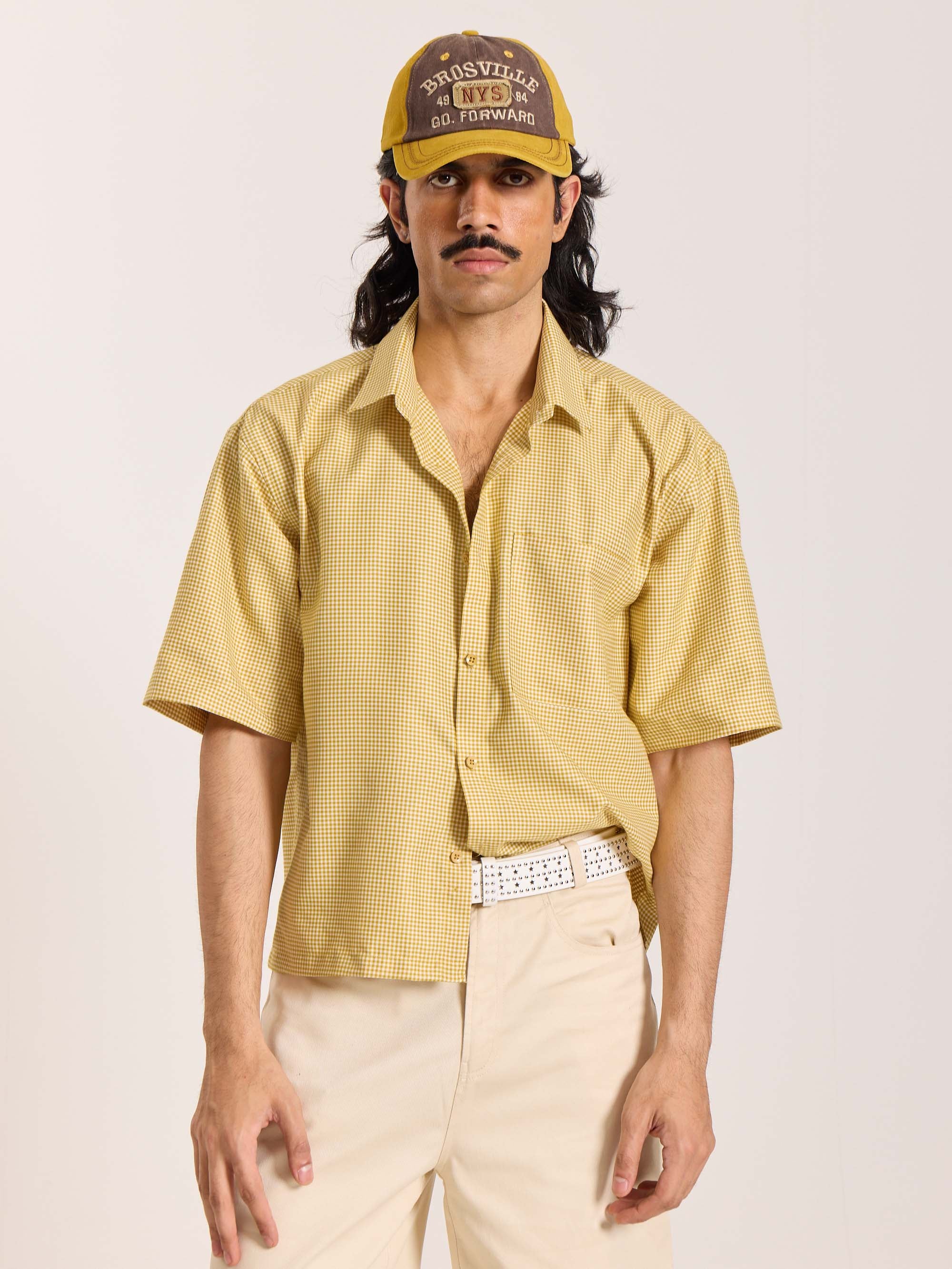 Mustard Checkered Cropped Shirt - Image 3