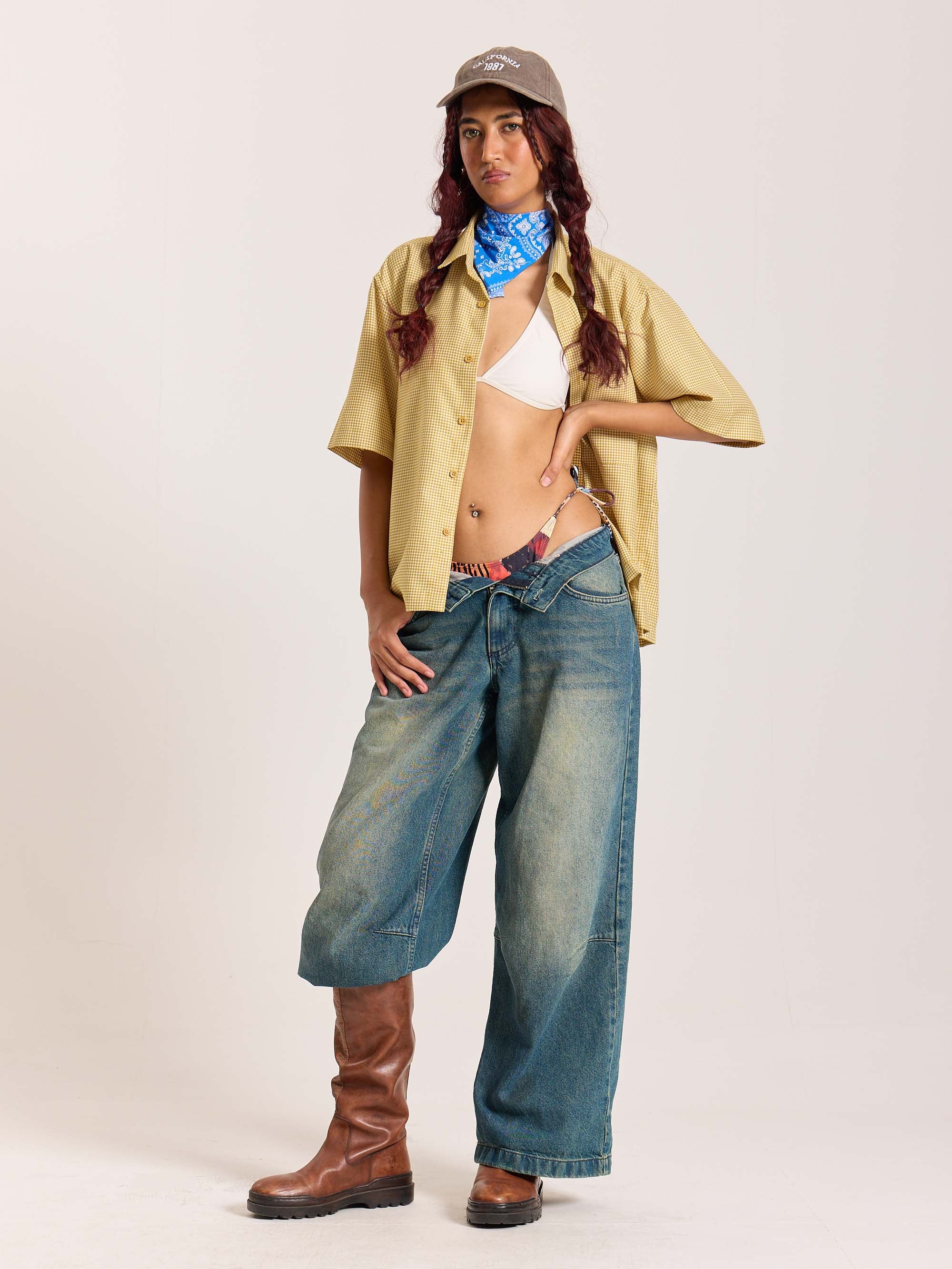 Mustard Checkered Cropped Shirt - Image 7