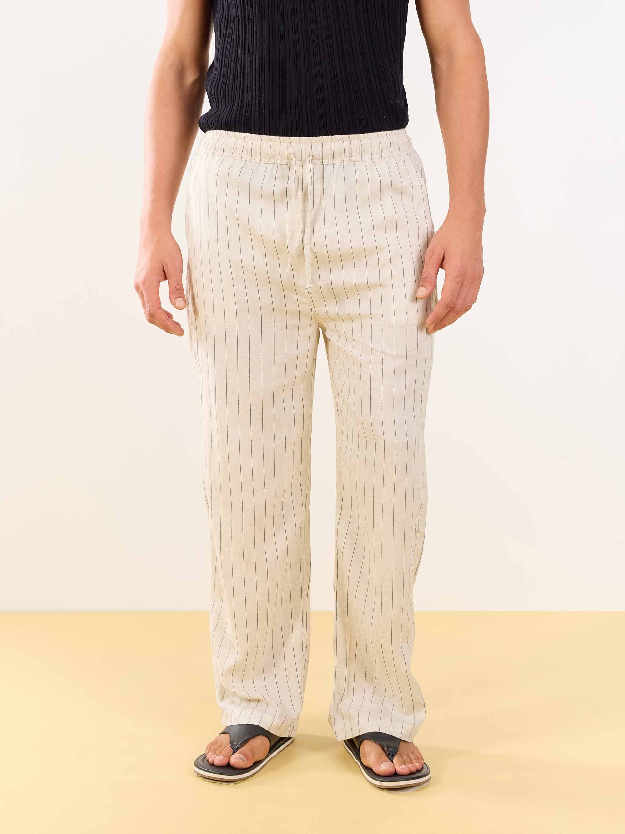 Natural Linen Striped Pull-on Pants - Image 2