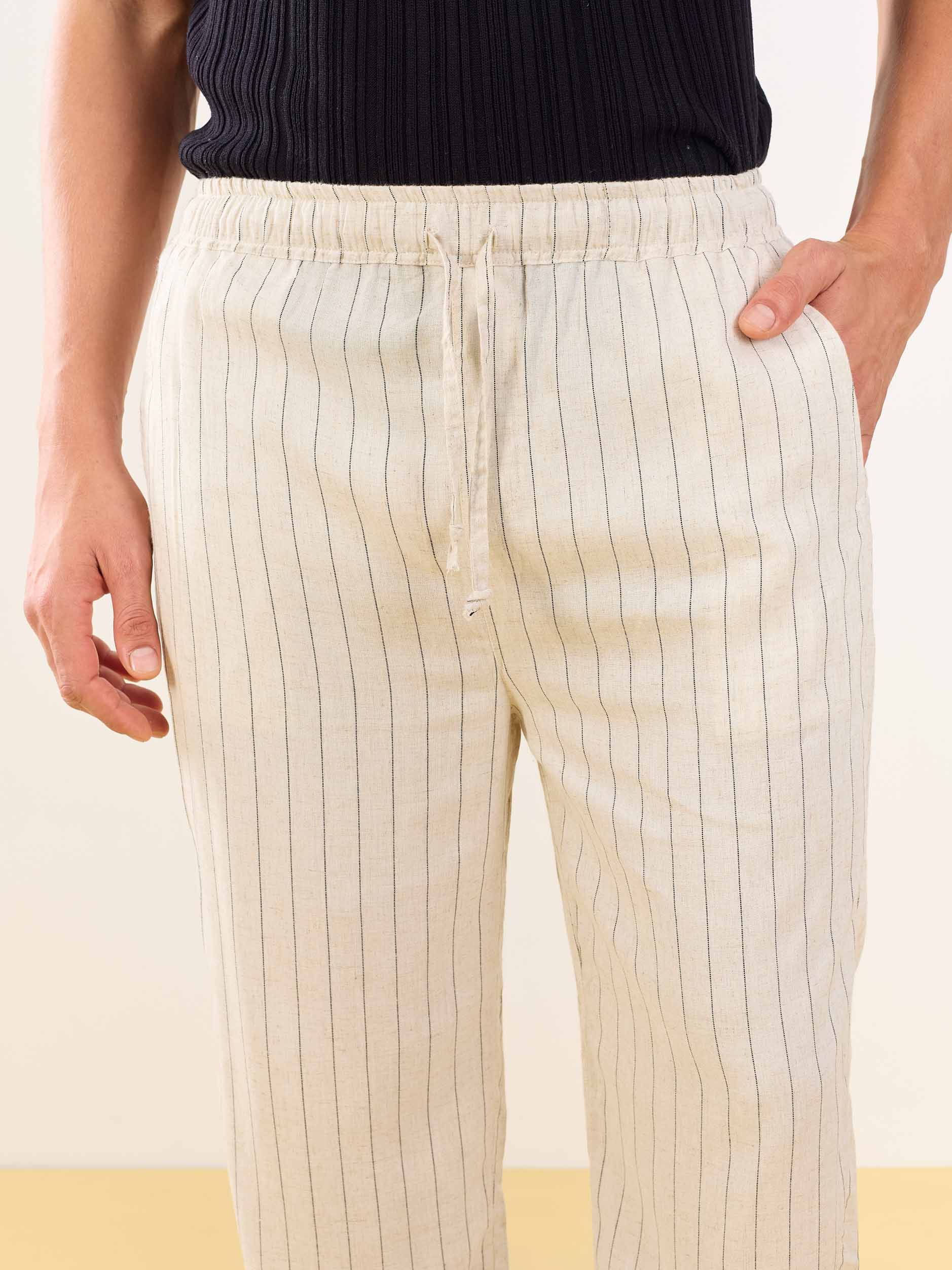 Natural Linen Striped Pull-on Pants - Image 3