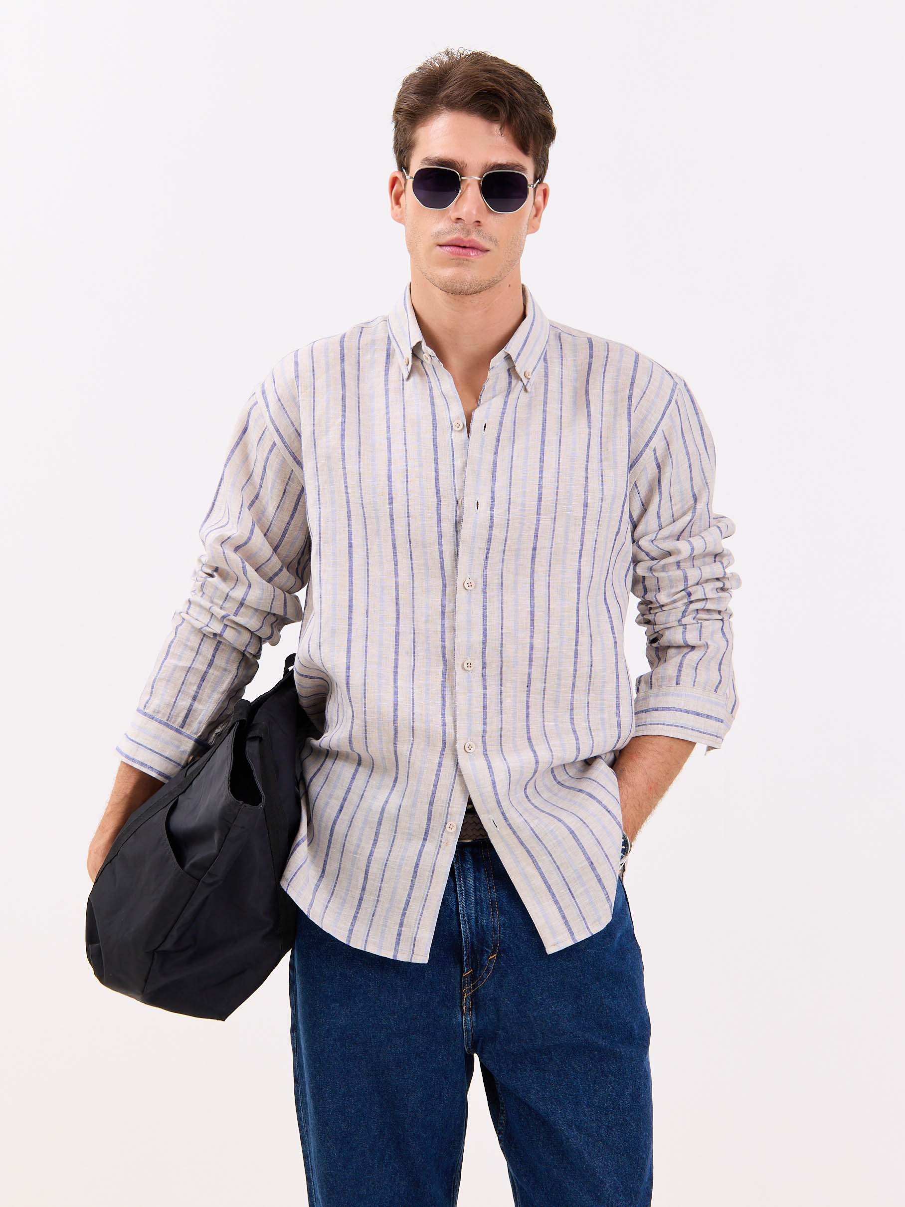 Natural Striped Irish Linen Shirt - Image 2