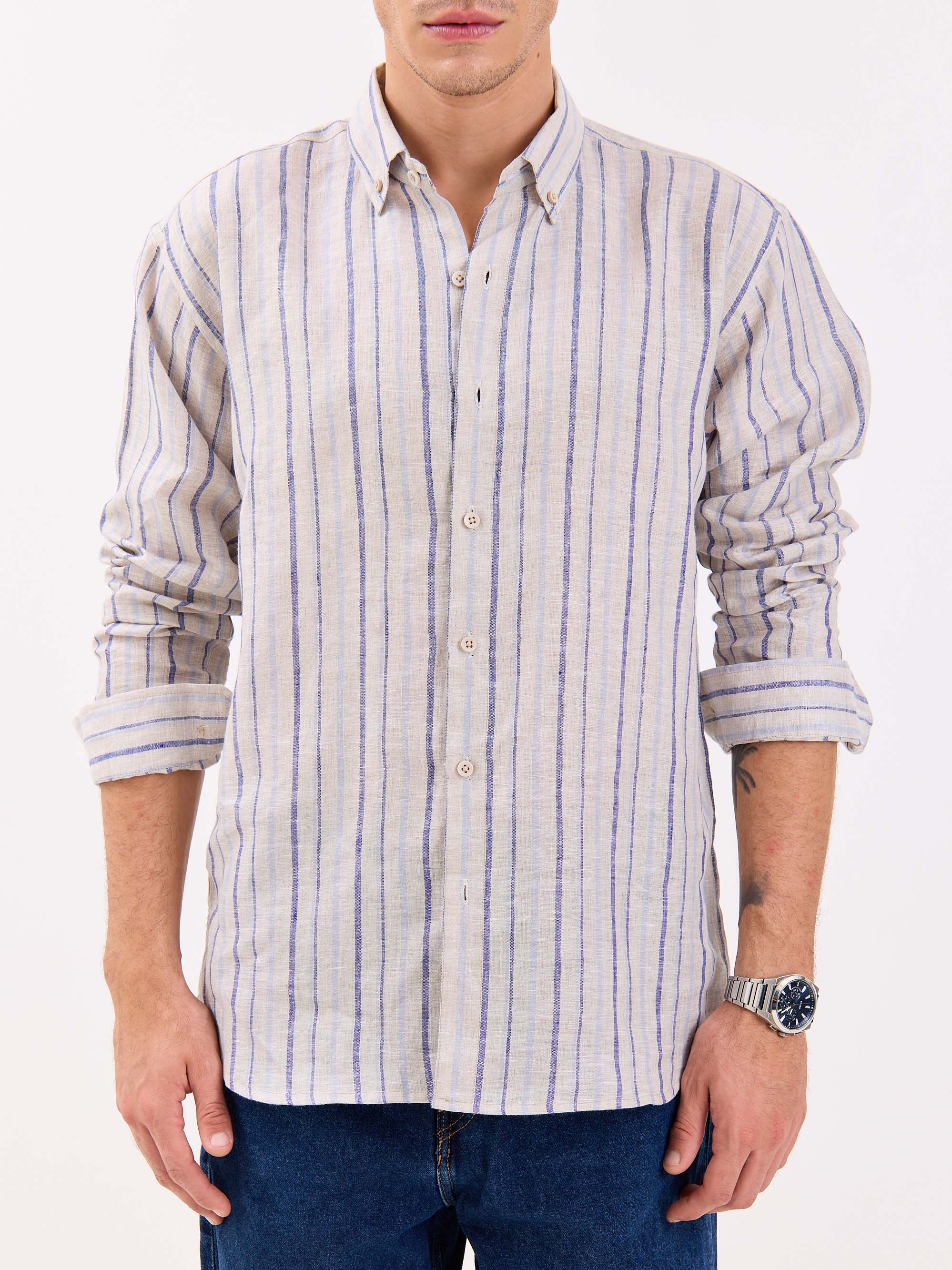 Natural Striped Irish Linen Shirt - Image 3