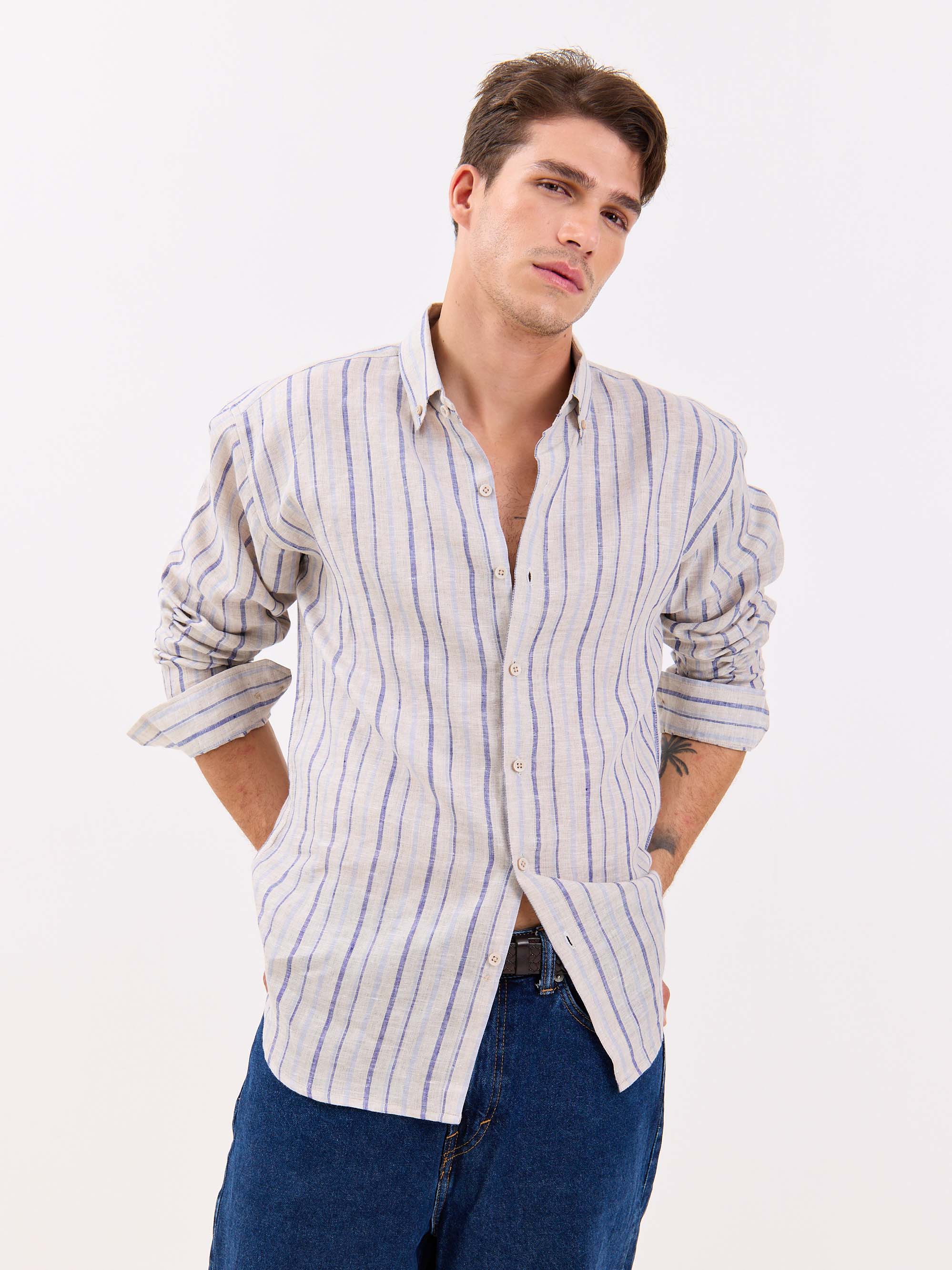 Natural Striped Irish Linen Shirt - Image 4