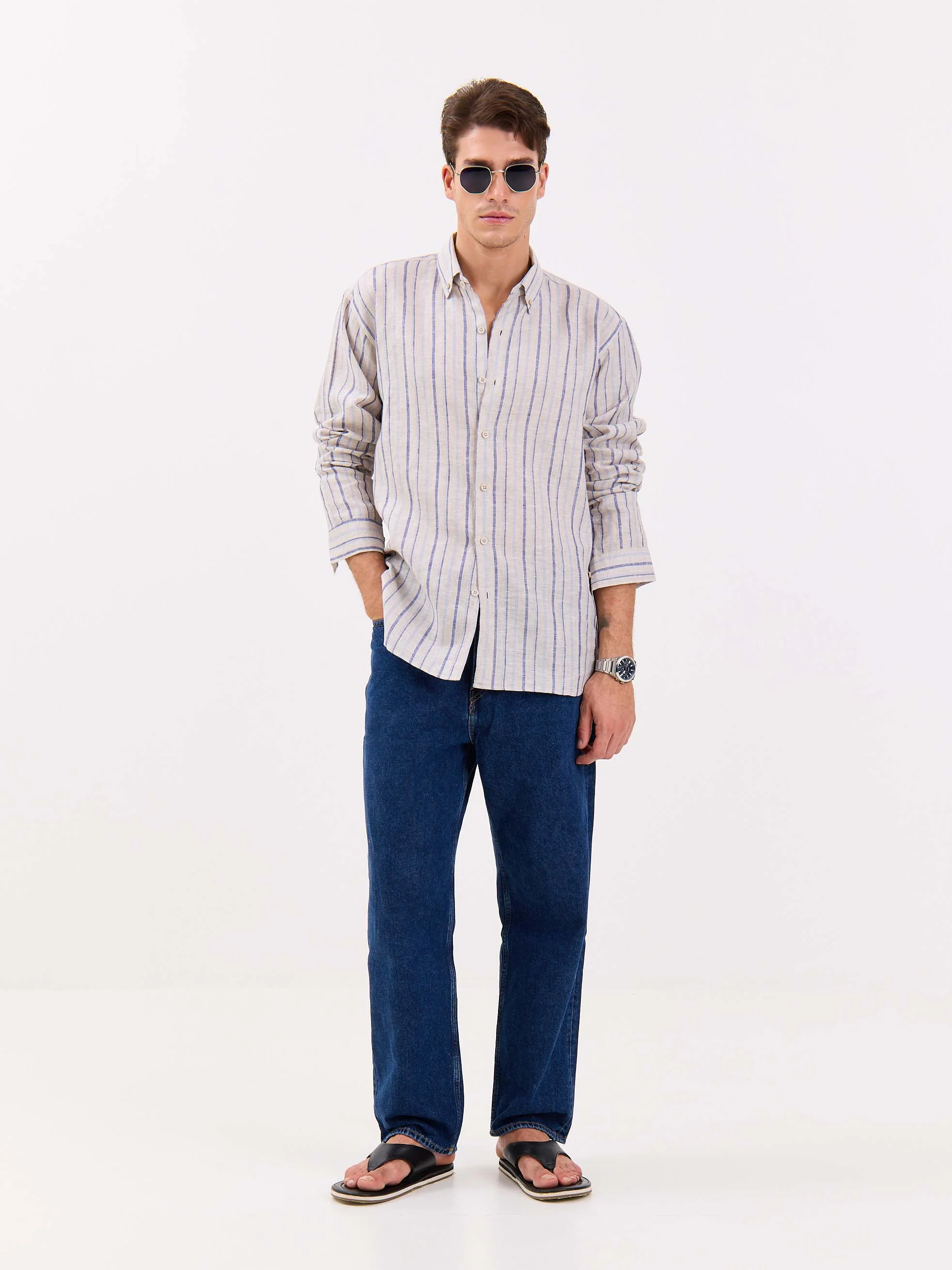Natural Striped Irish Linen Shirt - Image 5