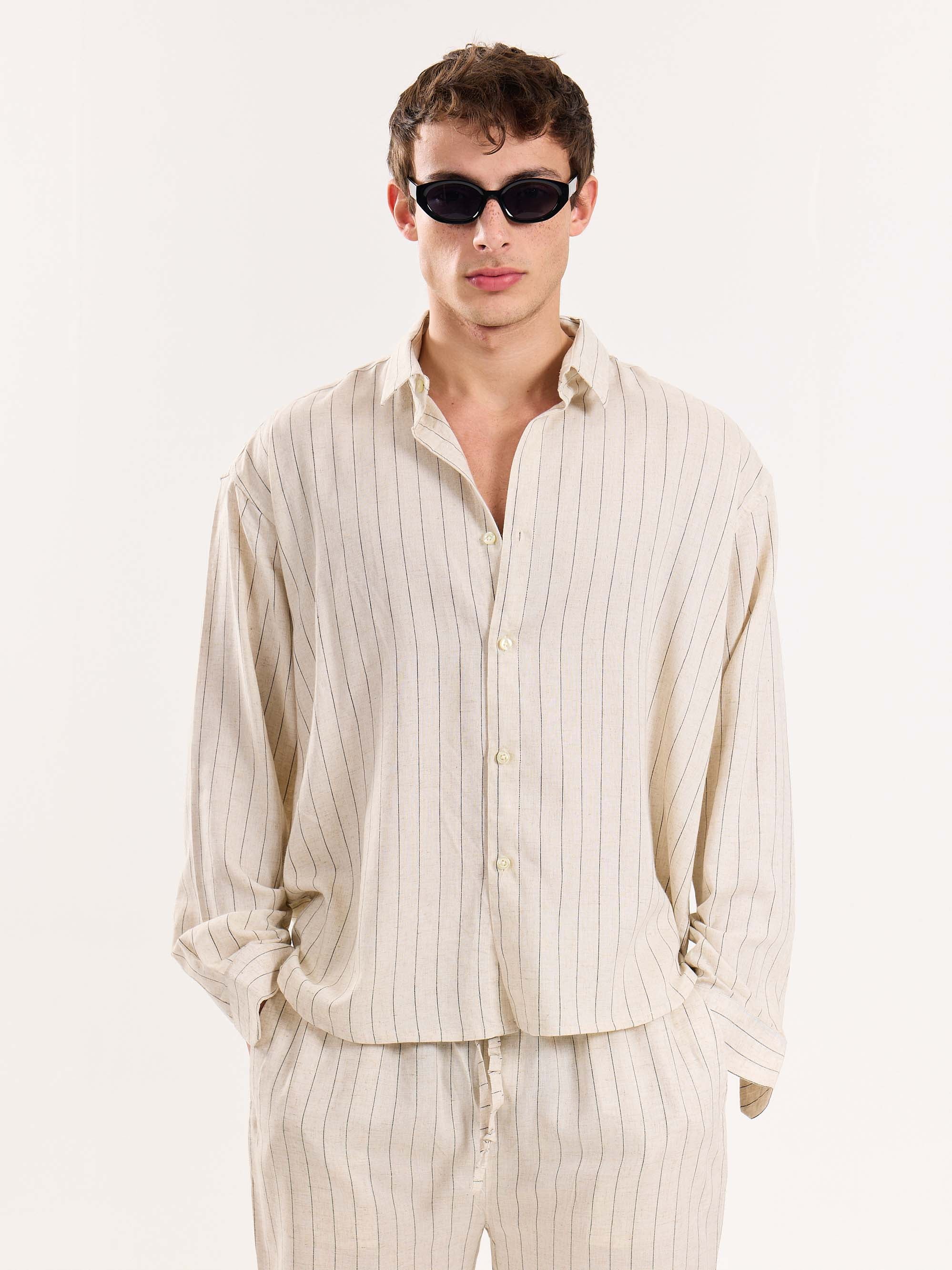 Natural Striped Linen Cropped Shirt - Image 2