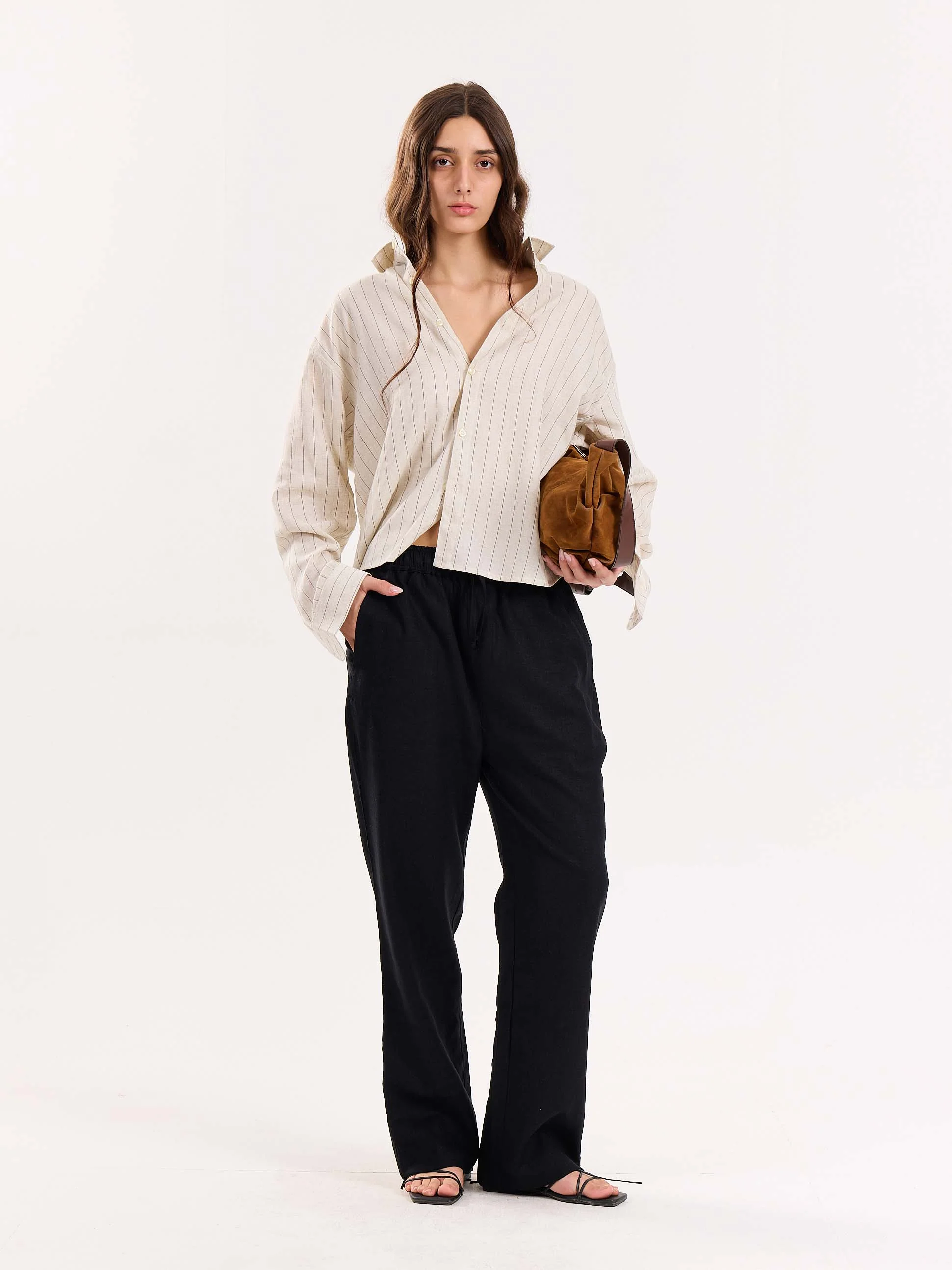Natural Striped Linen Cropped Shirt - Image 3