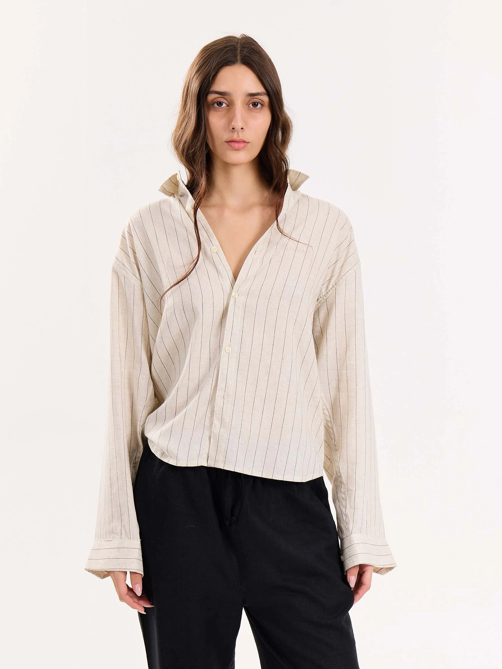 Natural Striped Linen Cropped Shirt - Image 4