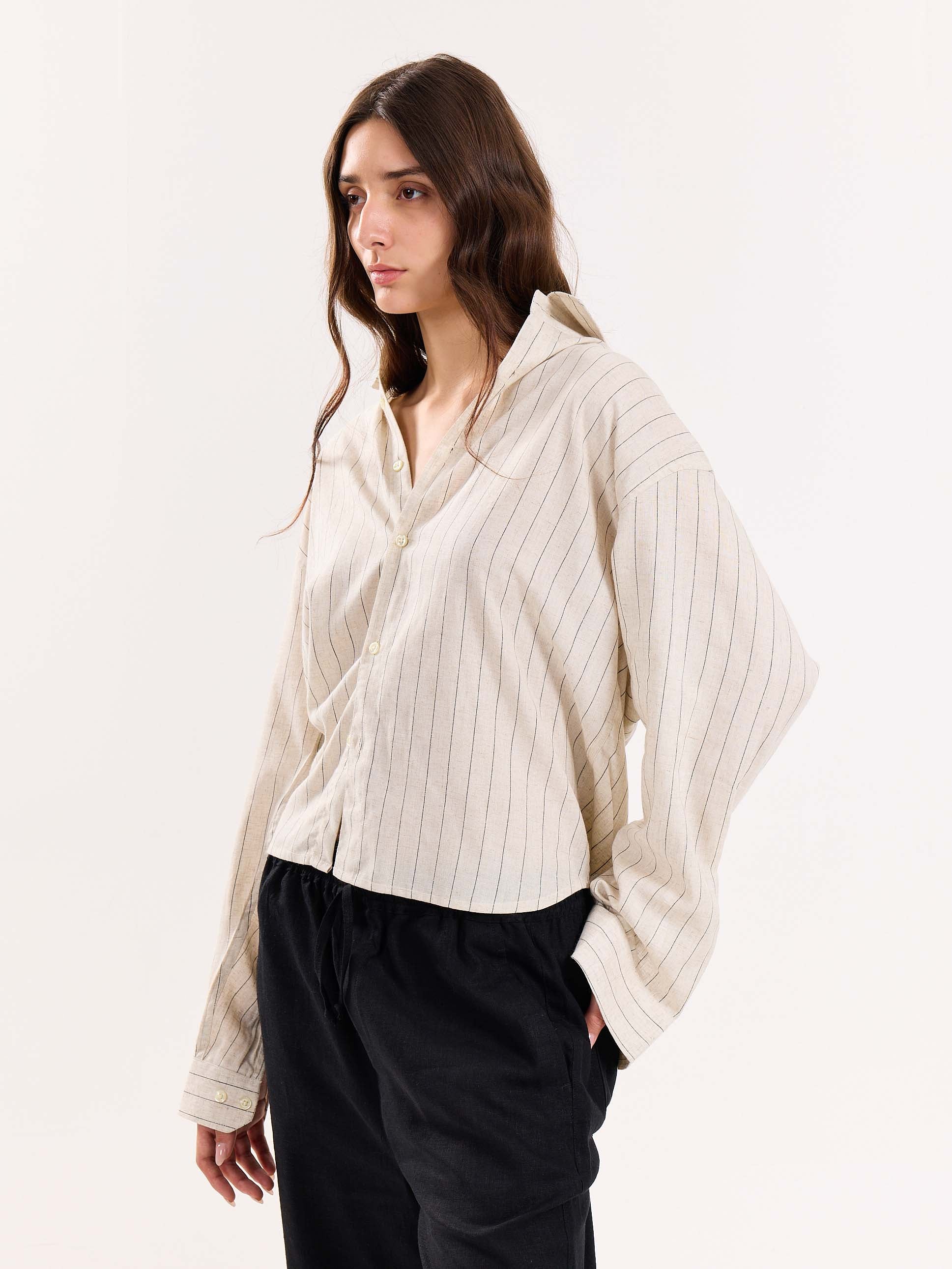 Natural Striped Linen Cropped Shirt - Image 5
