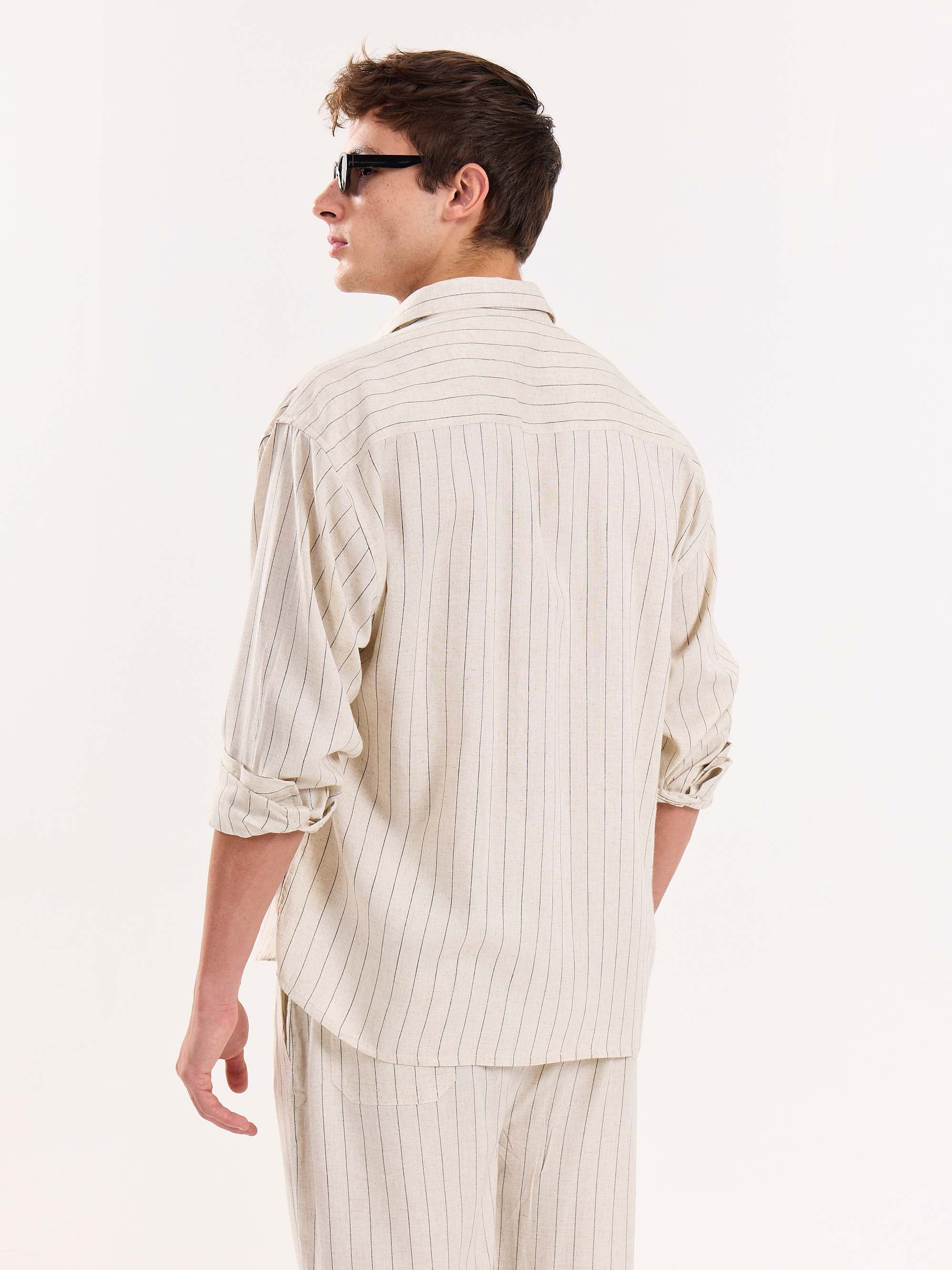 Natural Striped Linen Cropped Shirt - Image 8