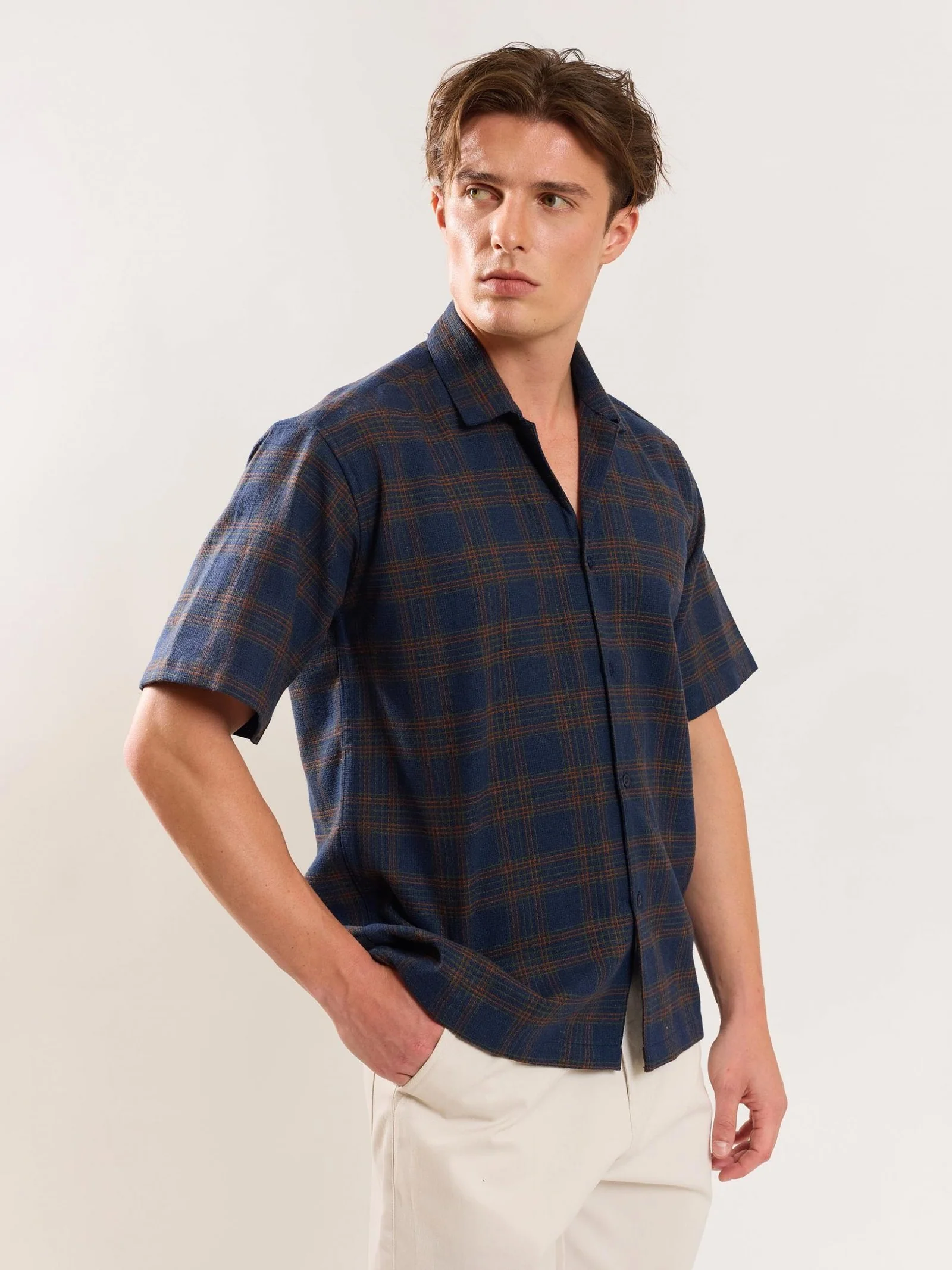 Navy Blue Checked Knit Shirt - Image 4