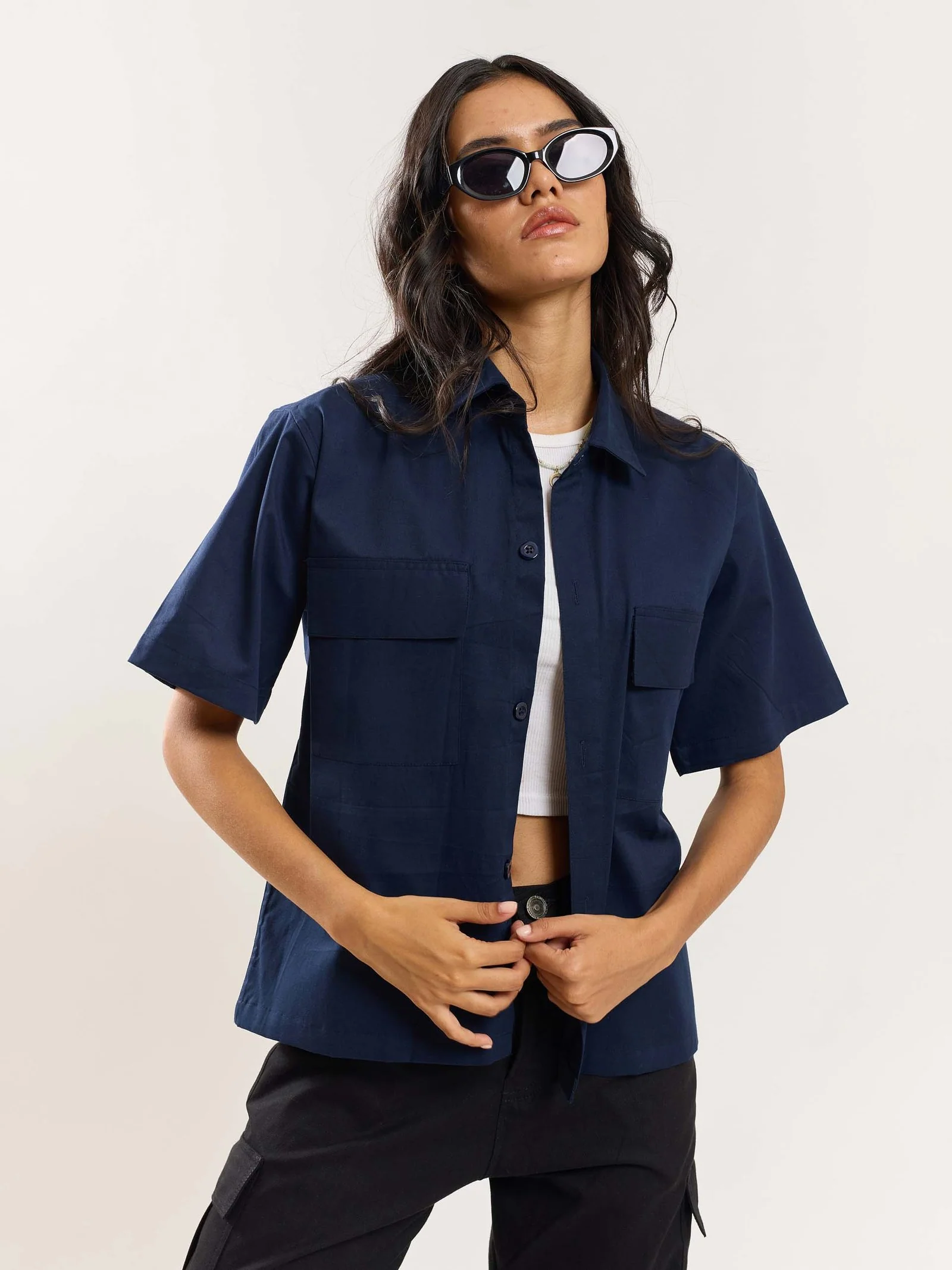 Navy Blue Cropped Shirt - Image 4