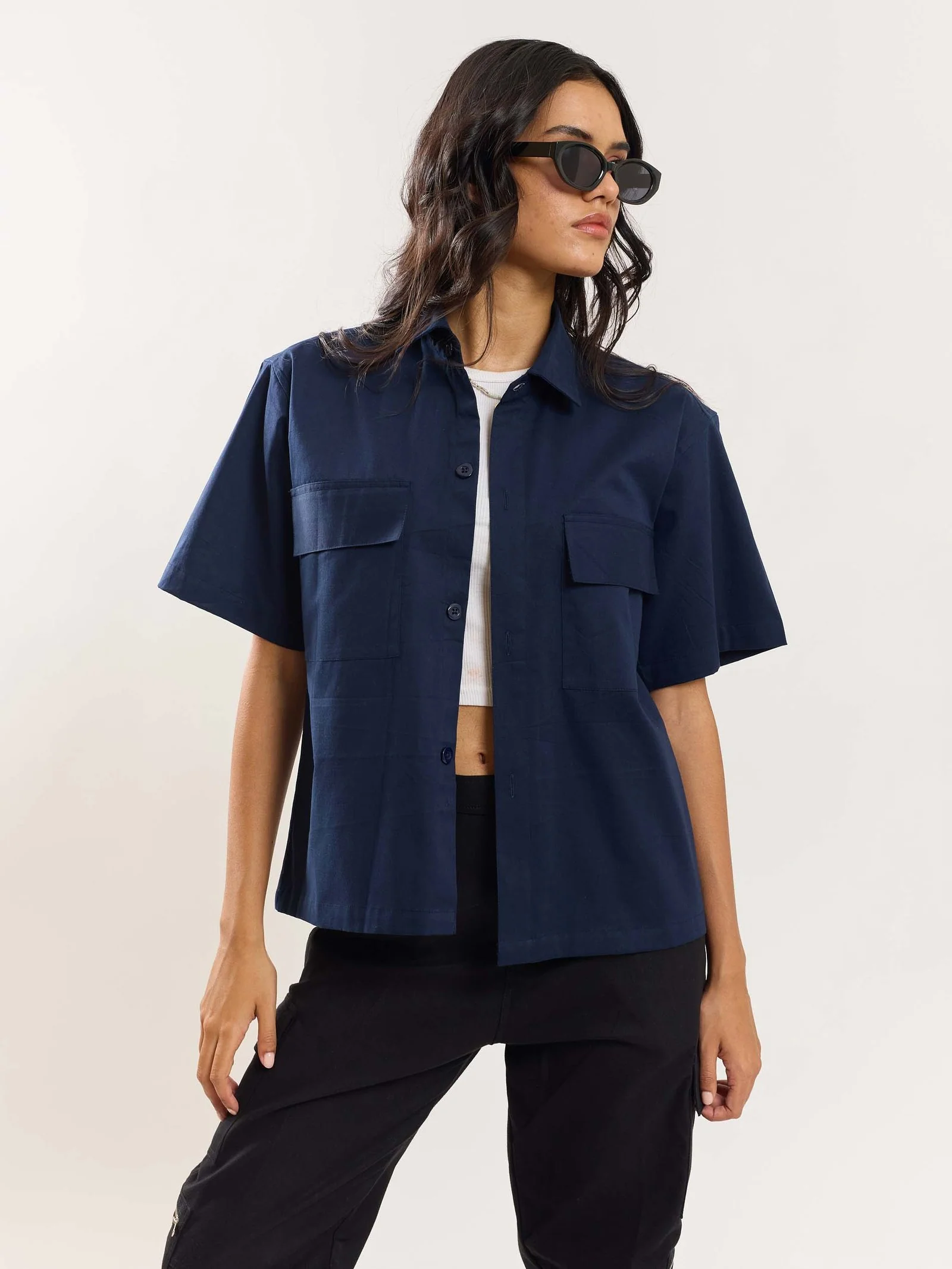 Navy Blue Cropped Shirt - Image 6