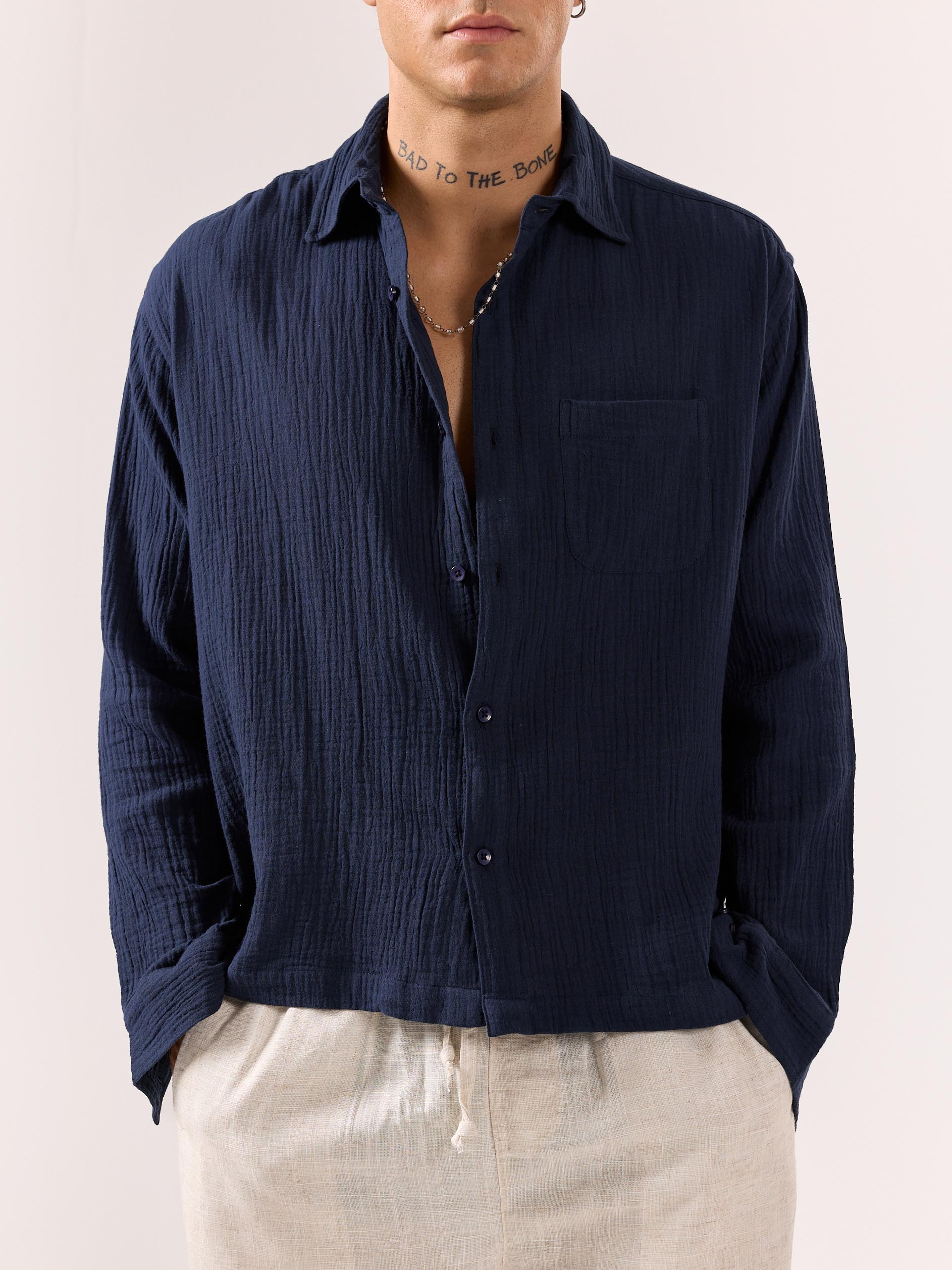 Navy Blue Gauze Holiday Shirt - Image 3