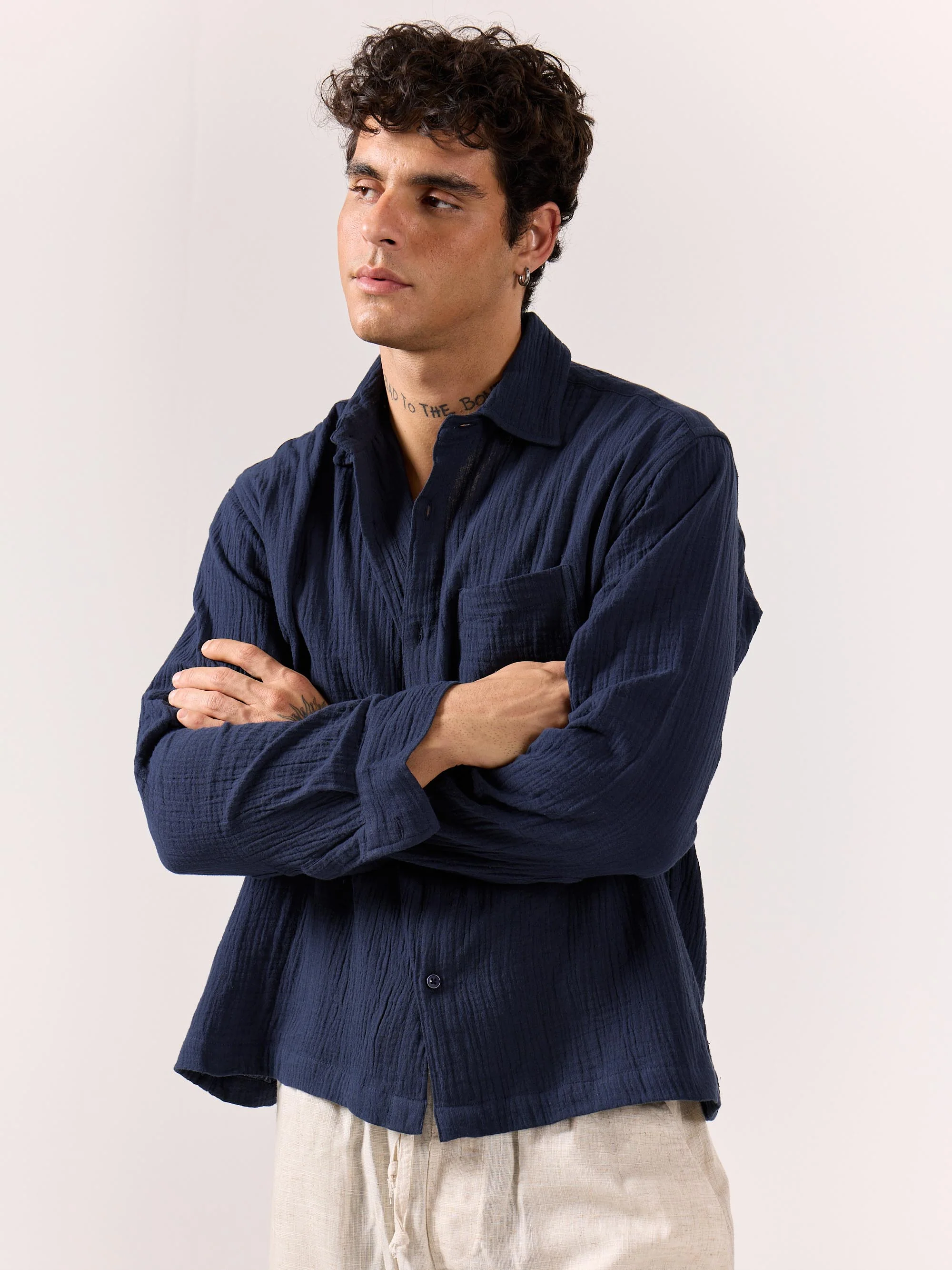 Navy Blue Gauze Holiday Shirt - Image 4