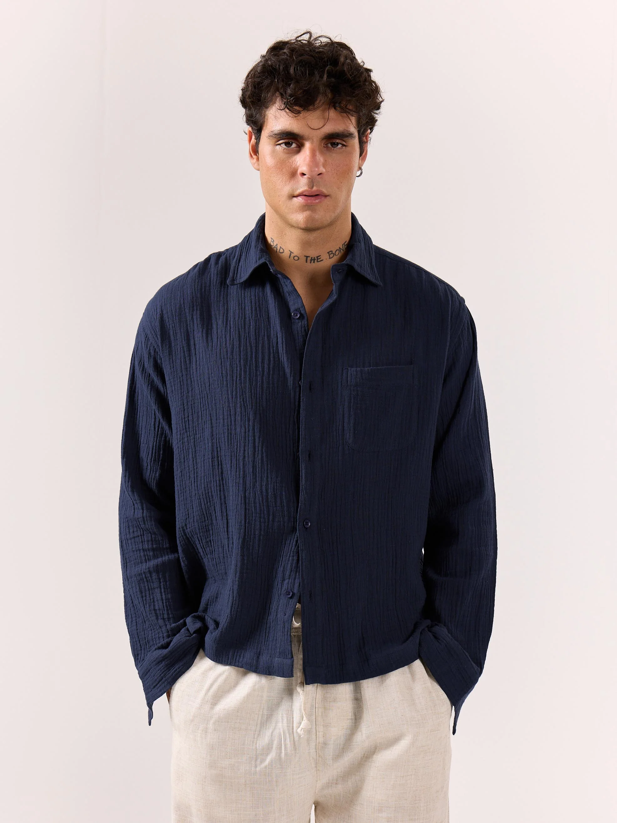 Navy Blue Gauze Holiday Shirt - Image 5
