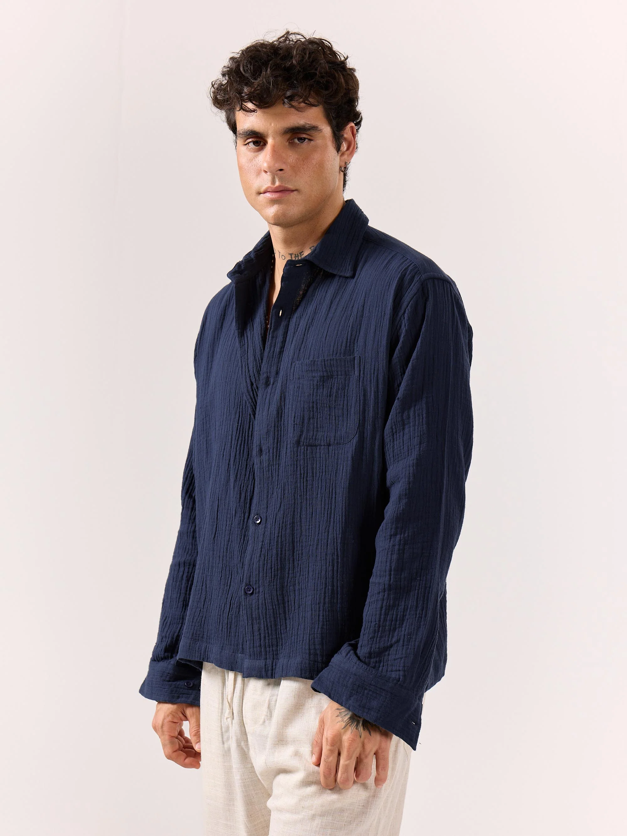 Navy Blue Gauze Holiday Shirt - Image 6
